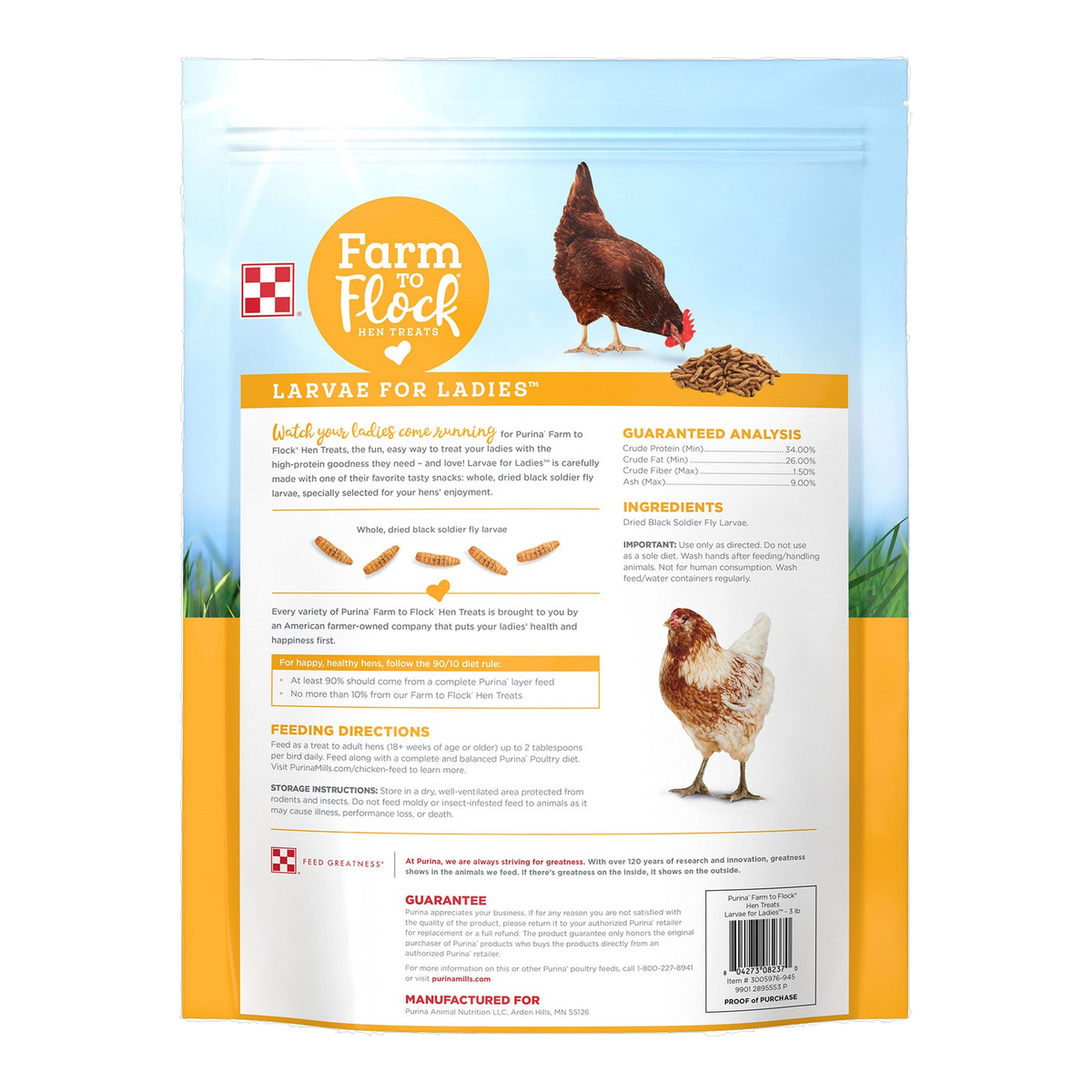 Back of the Farm to Flock Larvae for Ladies pouch with guaranteed analysis, ingredients and feeding directions