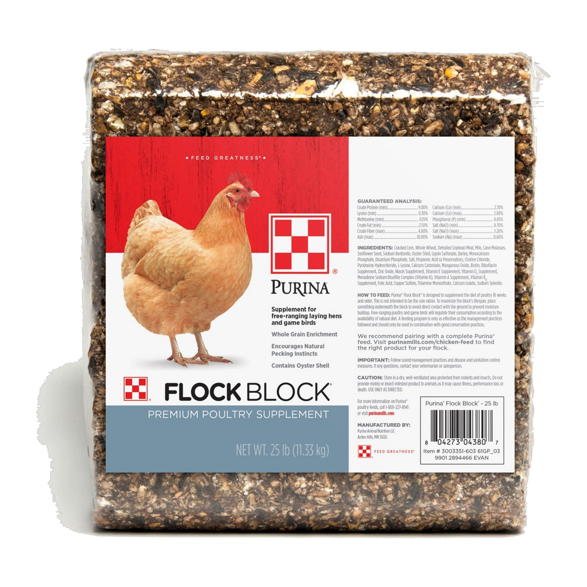 Purina Flock Block 25 lb pressed whole-grain poultry supplement block, front label #25 LB