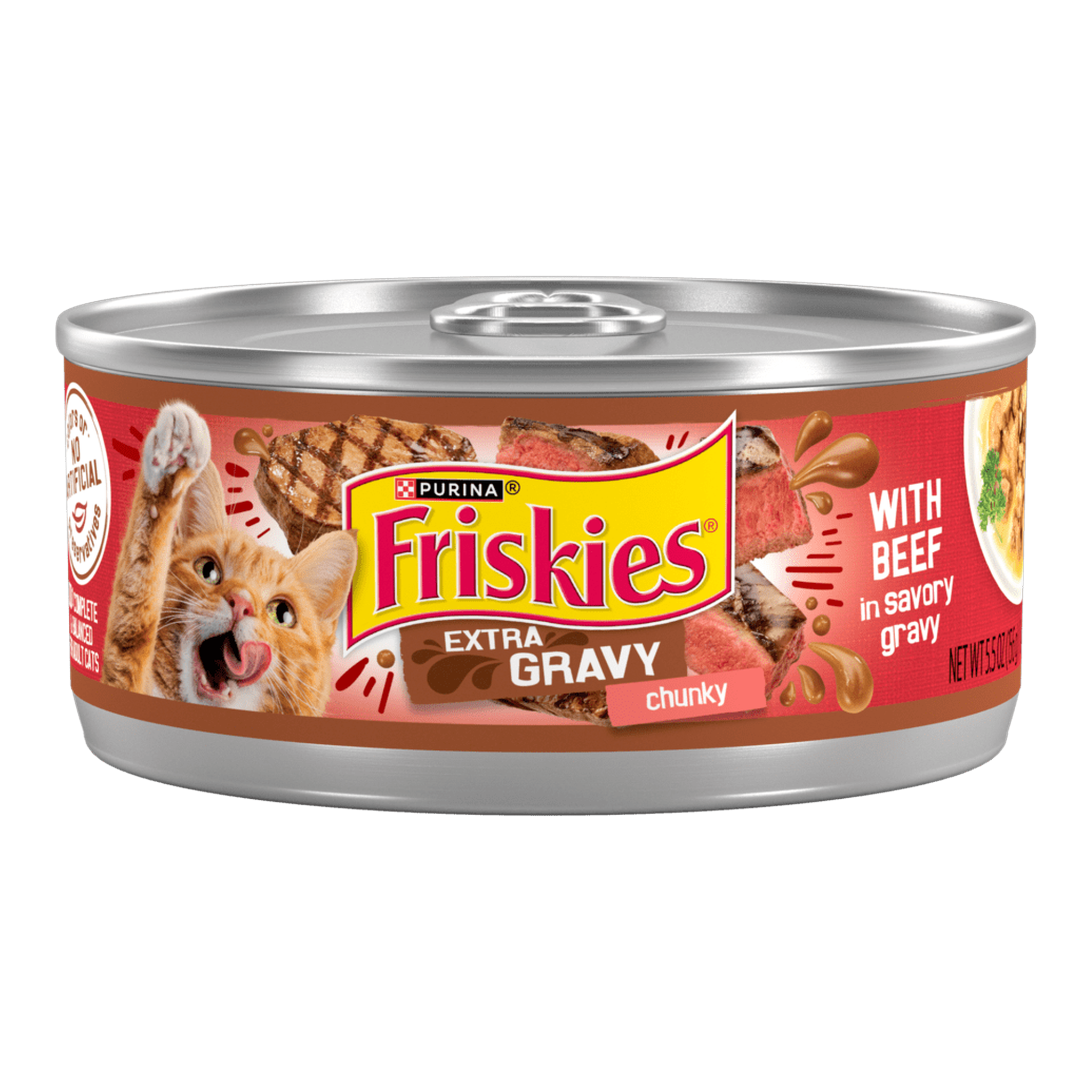Purina Friskies Extra Gravy Chunky with beef in savory gravy 5.5 oz can front
