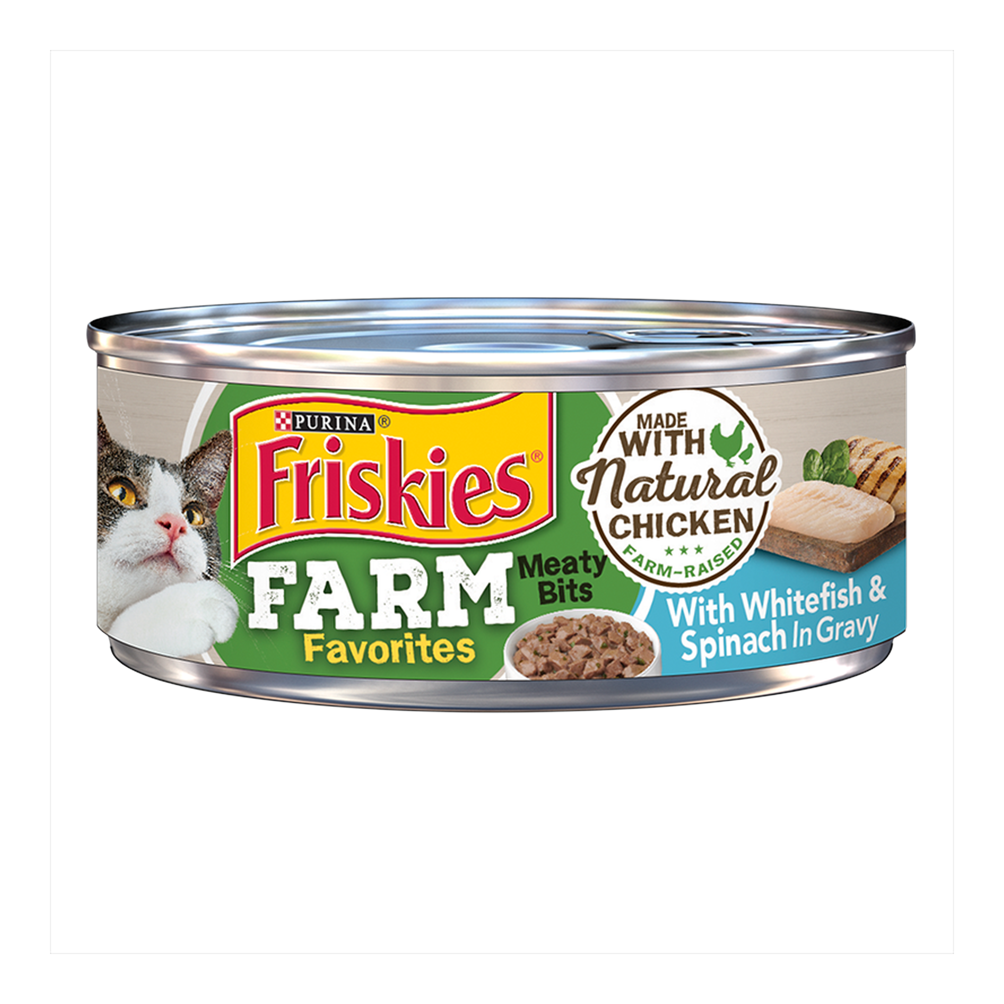 Purina Friskies Farm Favorites Meaty Bits With Whitefish & Spinach in Gravy wet cat food, 5.5 oz pull-top can #5.5 OZ