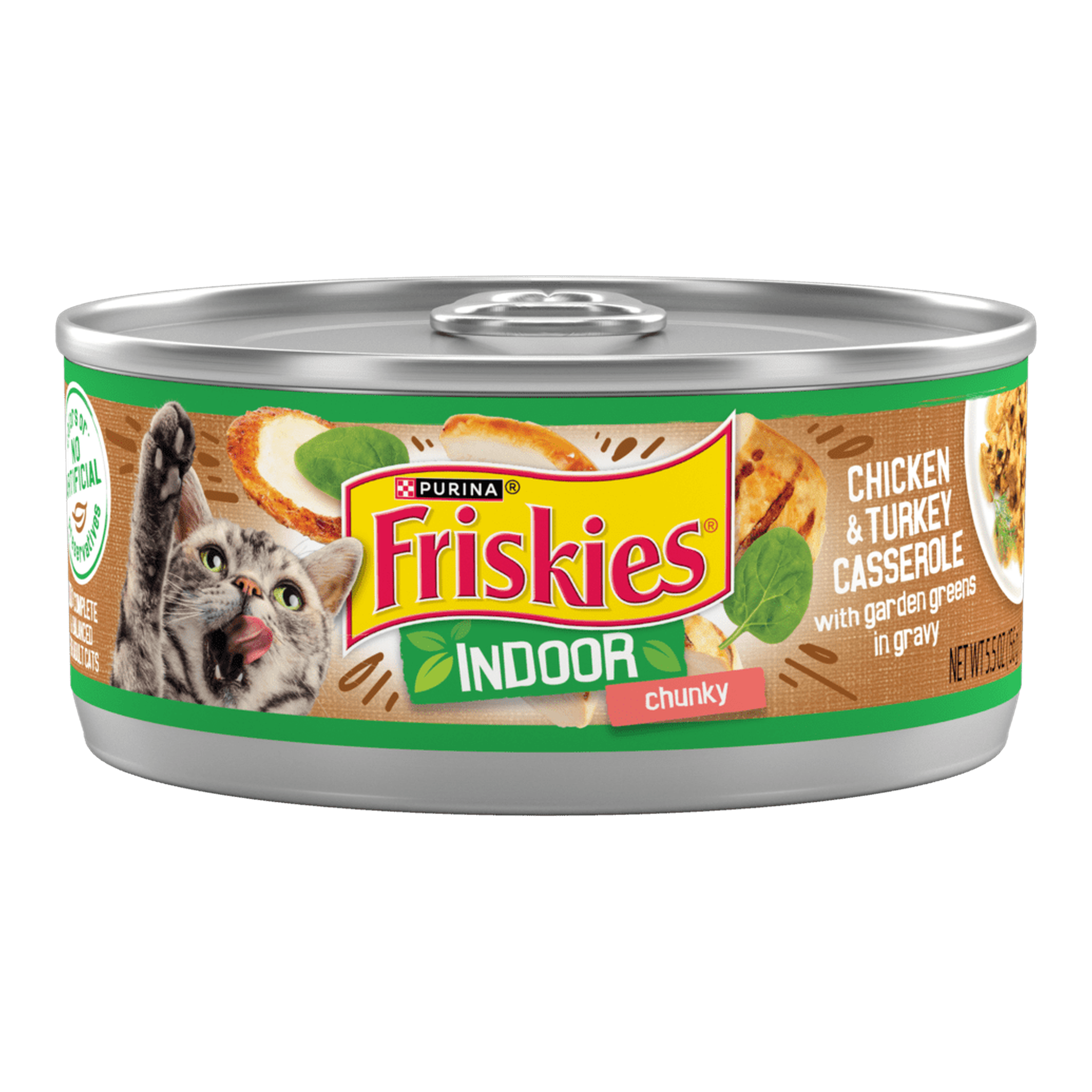 Purina Friskies Indoor Chunky Chicken & Turkey Casserole With Garden Greens in Gravy wet cat food, 5.5 oz can