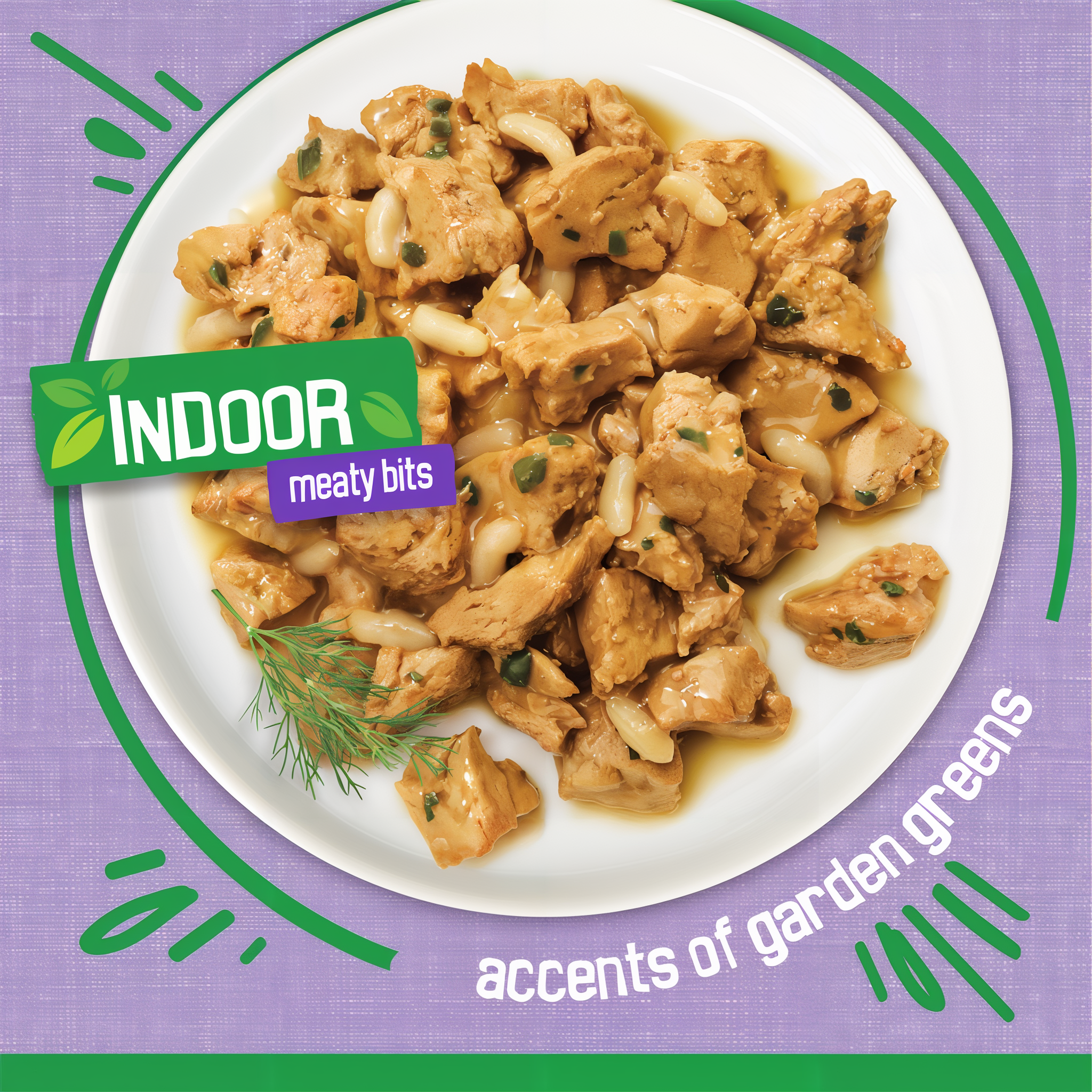 Tender turkey meaty bits with accents of garden greens on a plate