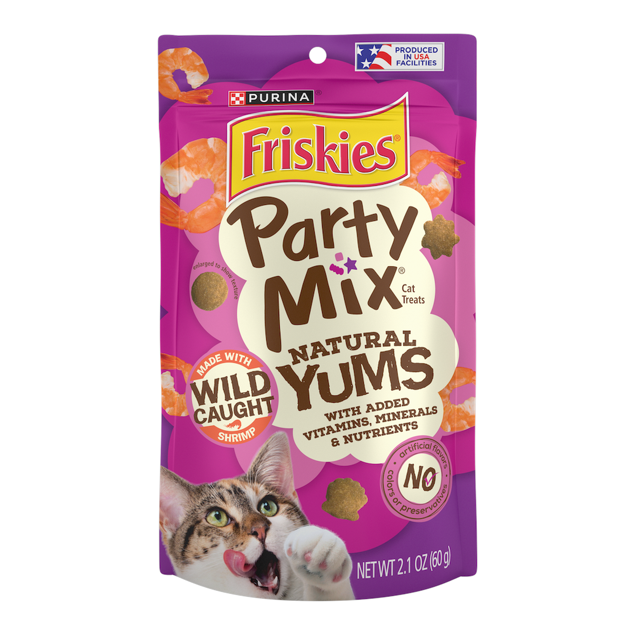 Purina Friskies Party Mix Natural Yums cat treats with real shrimp 2.1 oz pouch front