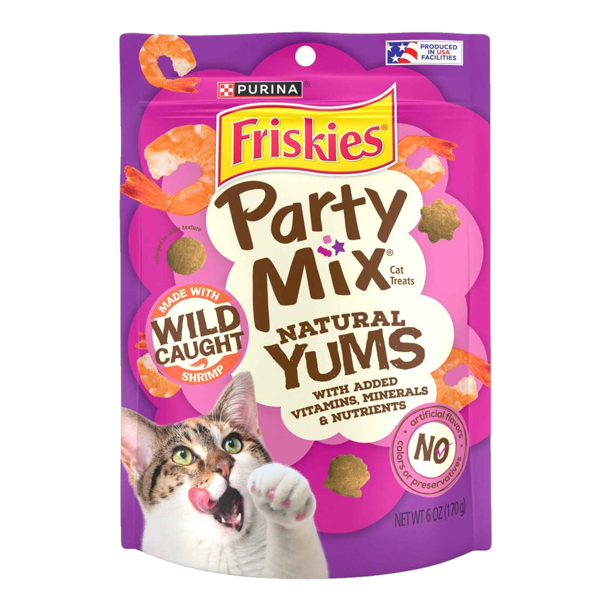 Purina Friskies Party Mix Natural Yums cat treats with real shrimp 6 oz pouch front