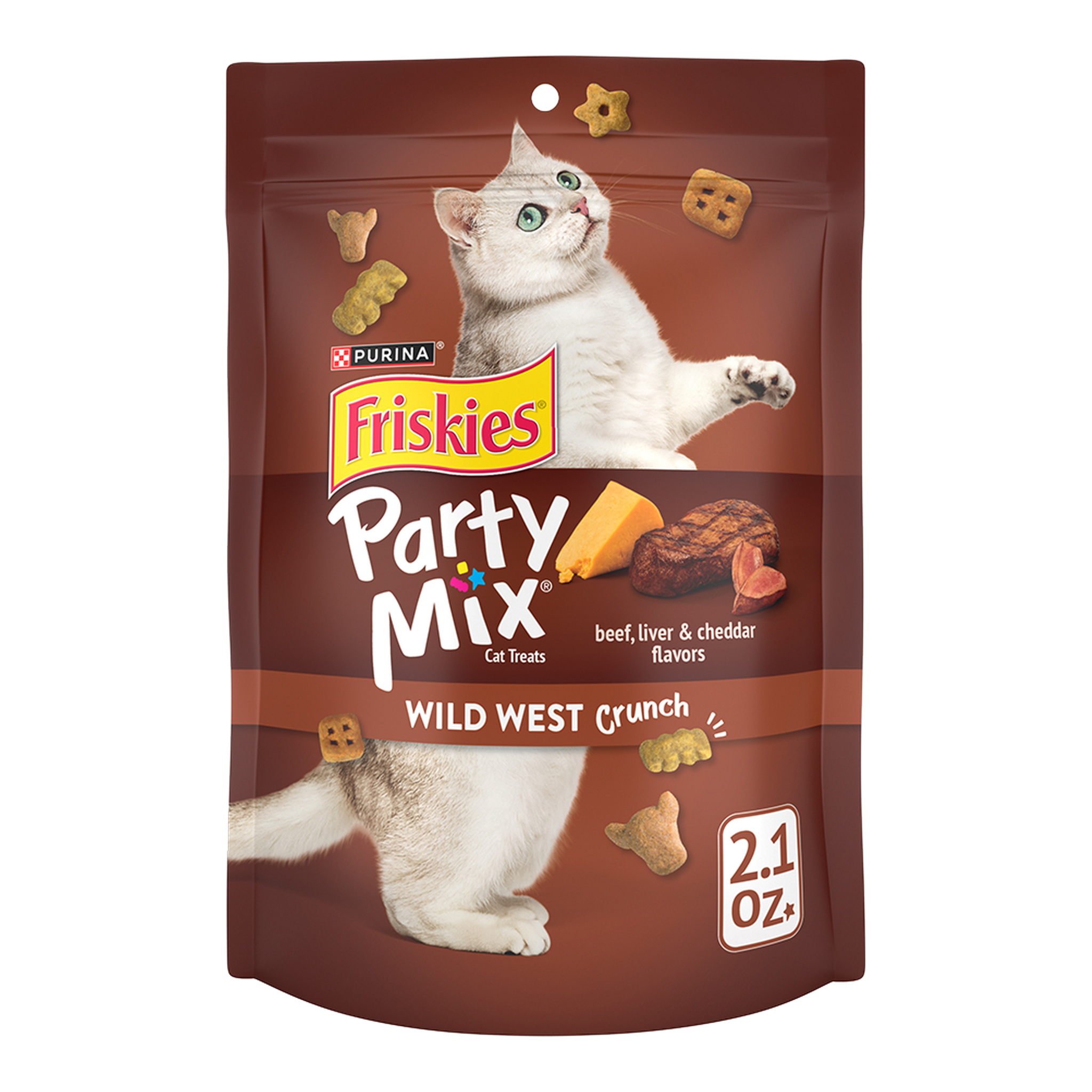Purina Friskies Party Mix Wild West Crunch cat treats 2.1 oz pouch front #2.1 OZ
