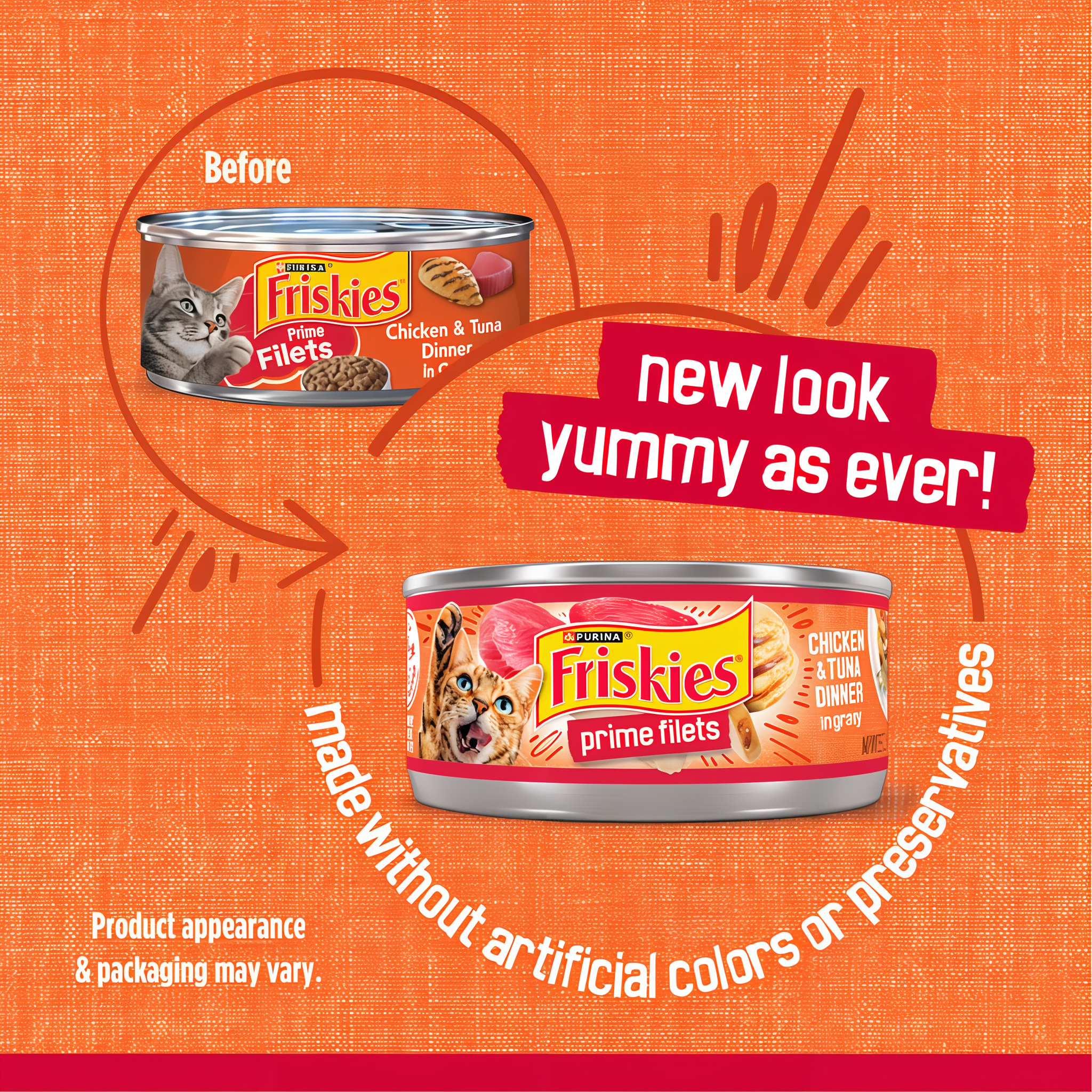 Before and after comparison of the previous and updated Friskies can design