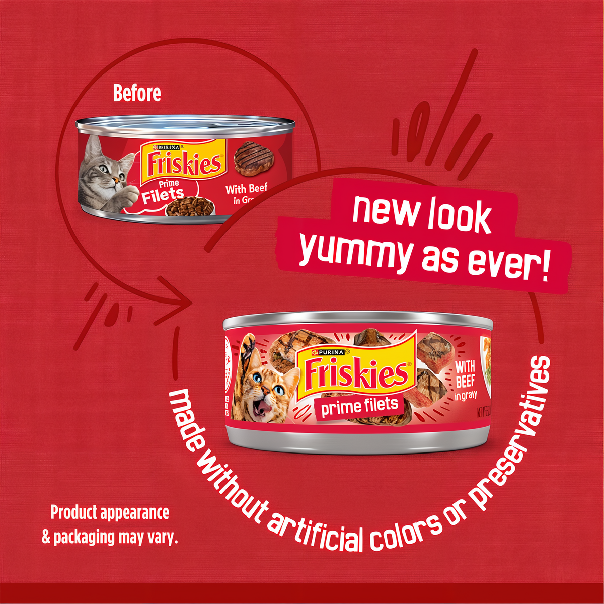 Before and after comparison of the previous and updated Friskies can design
