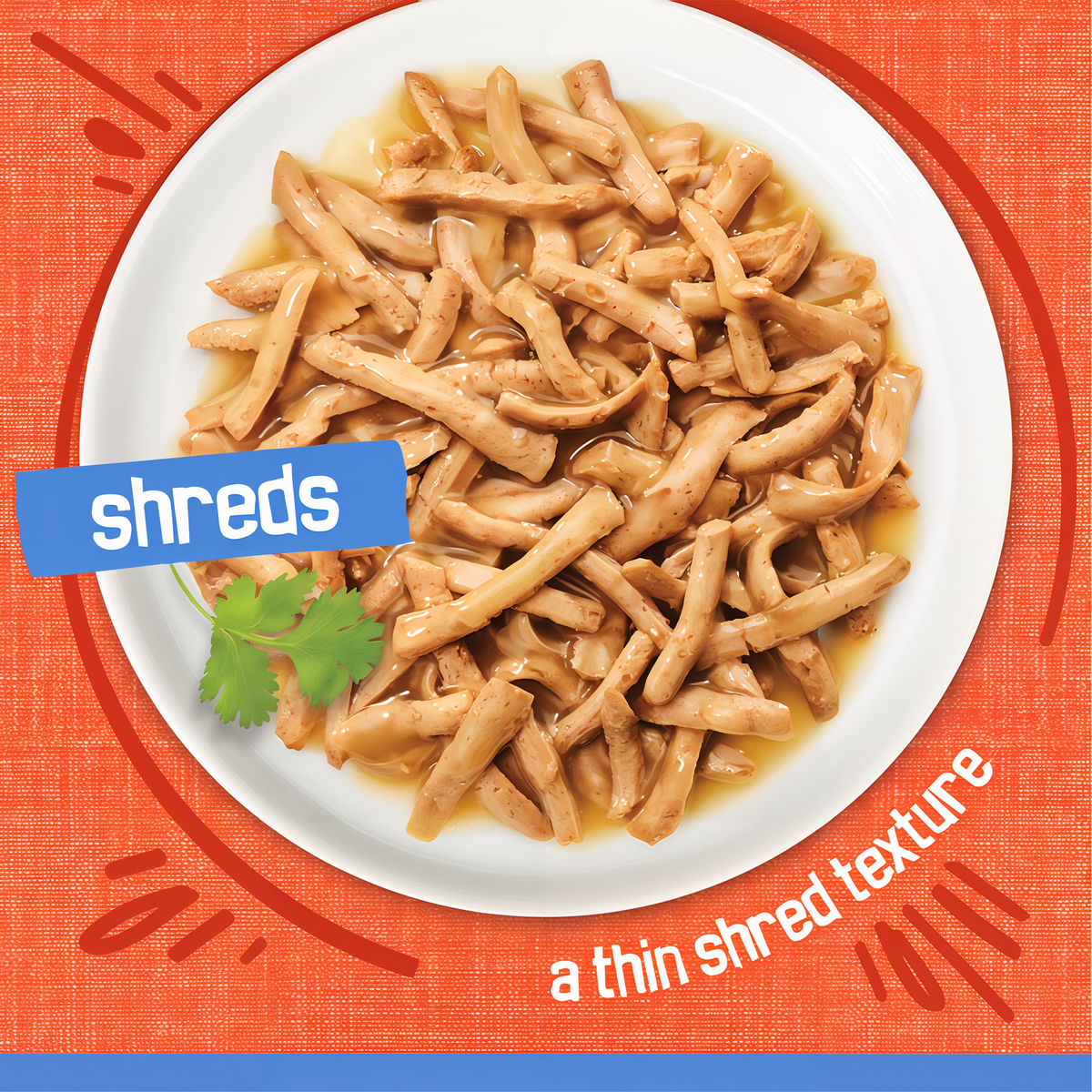Thin, tender Friskies Shreds strands in gravy served on a white plate