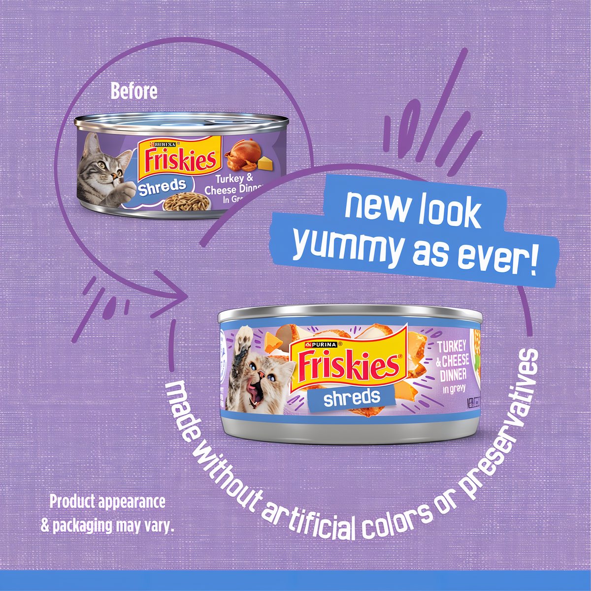 Before and after comparison of the previous and updated Friskies can design