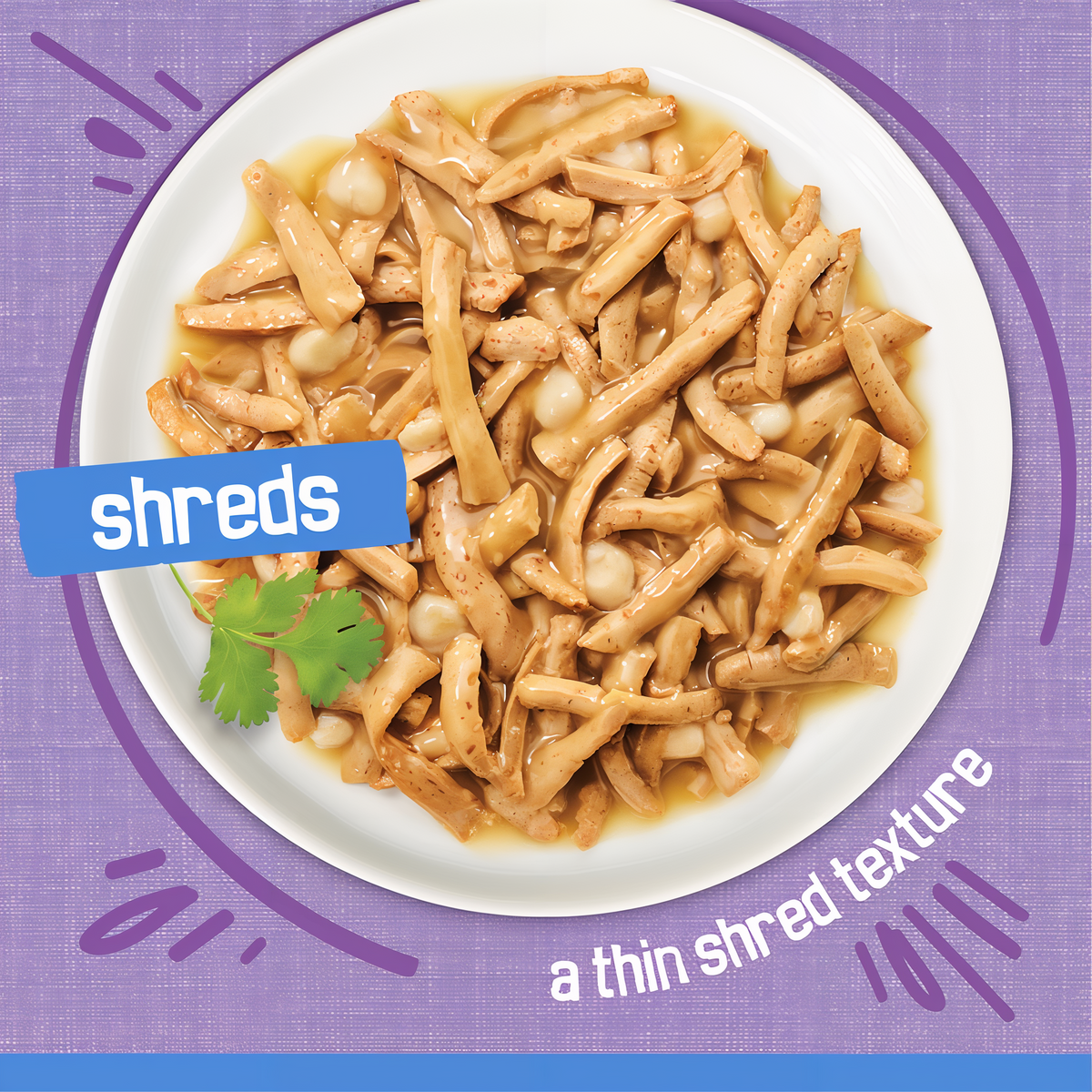 Thin, tender Friskies Shreds strands in gravy served on a white plate