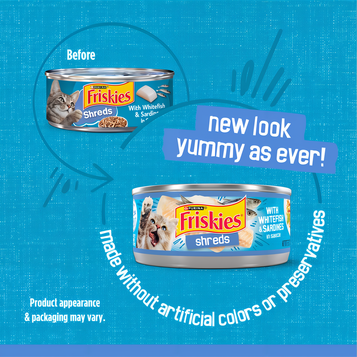 Before and after comparison of the previous and updated Friskies can design