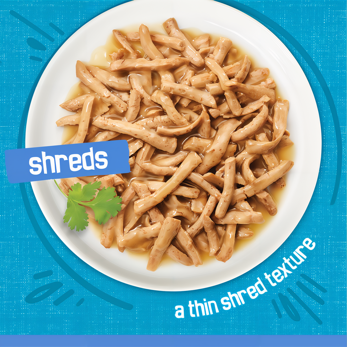 Thin, tender Friskies Shreds strands in gravy served on a white plate