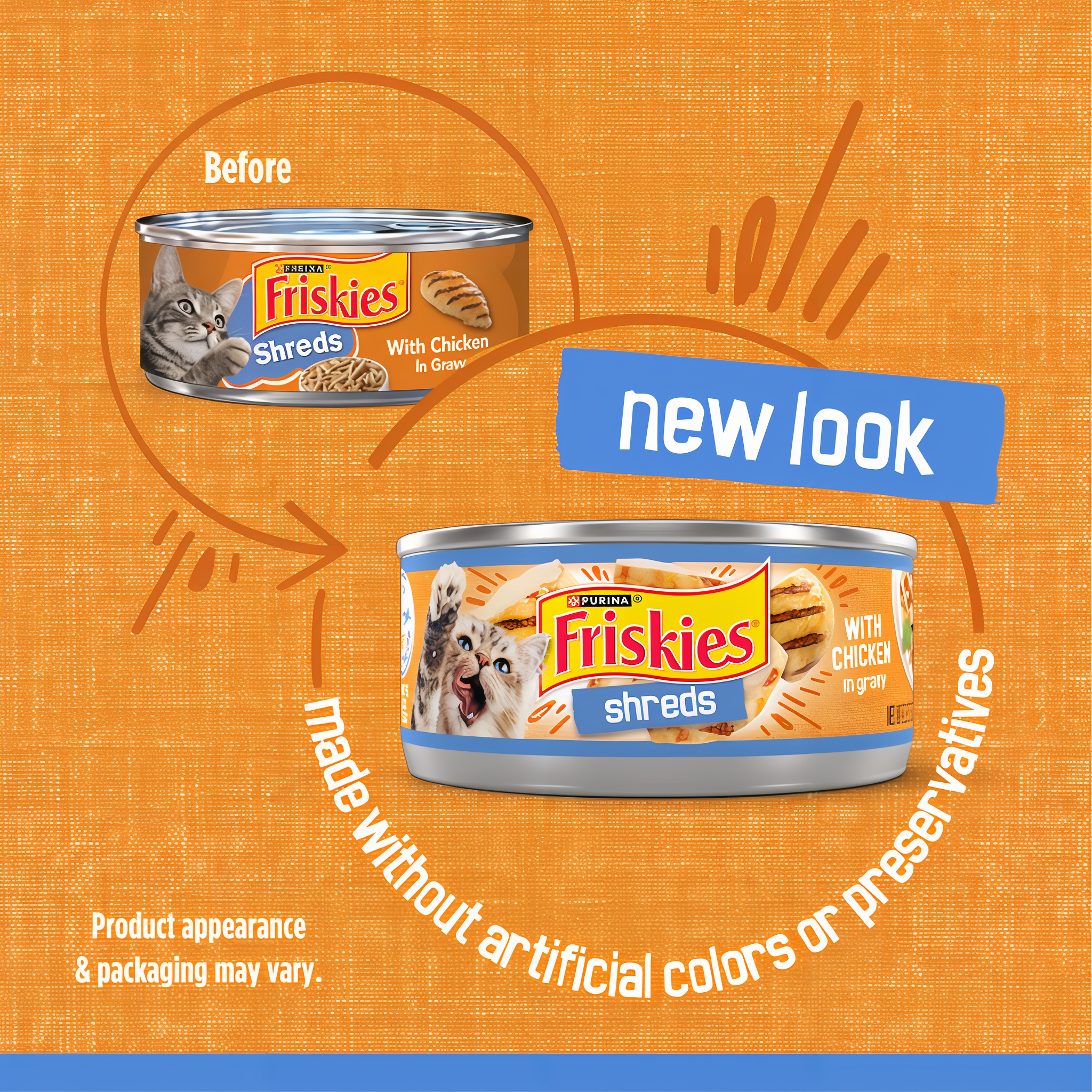 Before and after comparison of the previous and updated Friskies can design