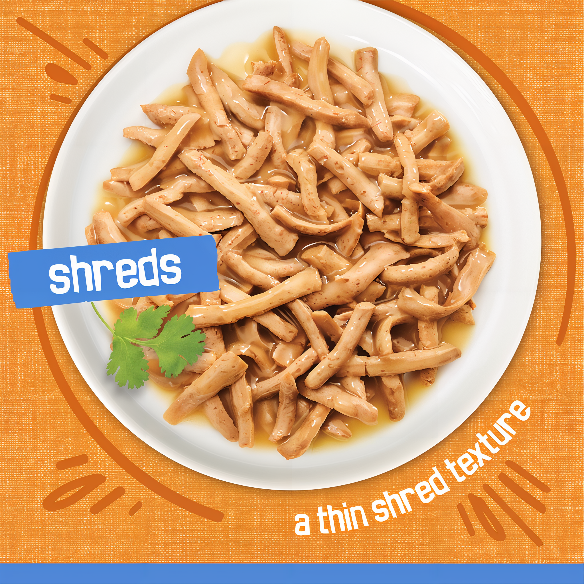Thin, tender Friskies Shreds strands in gravy served on a white plate