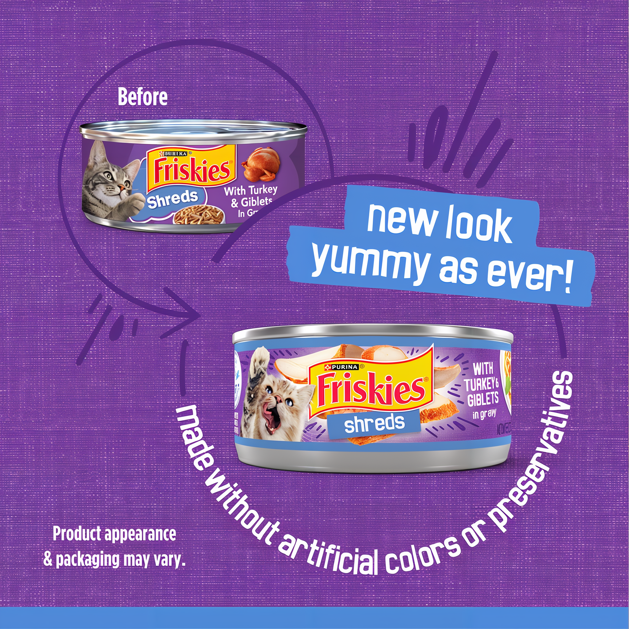 Before and after comparison of the previous and updated Friskies can design