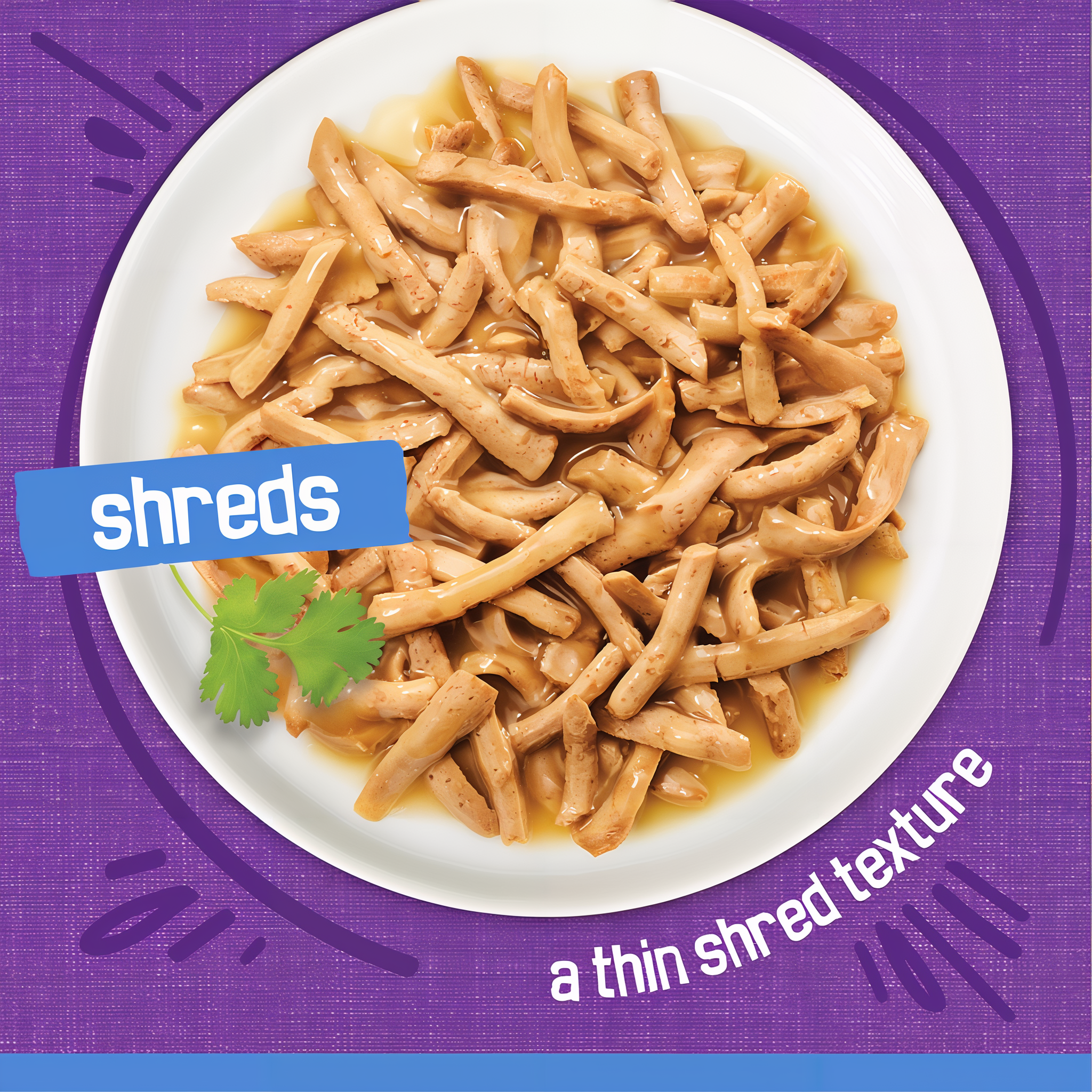 Thin, tender Friskies Shreds strands in gravy served on a white plate