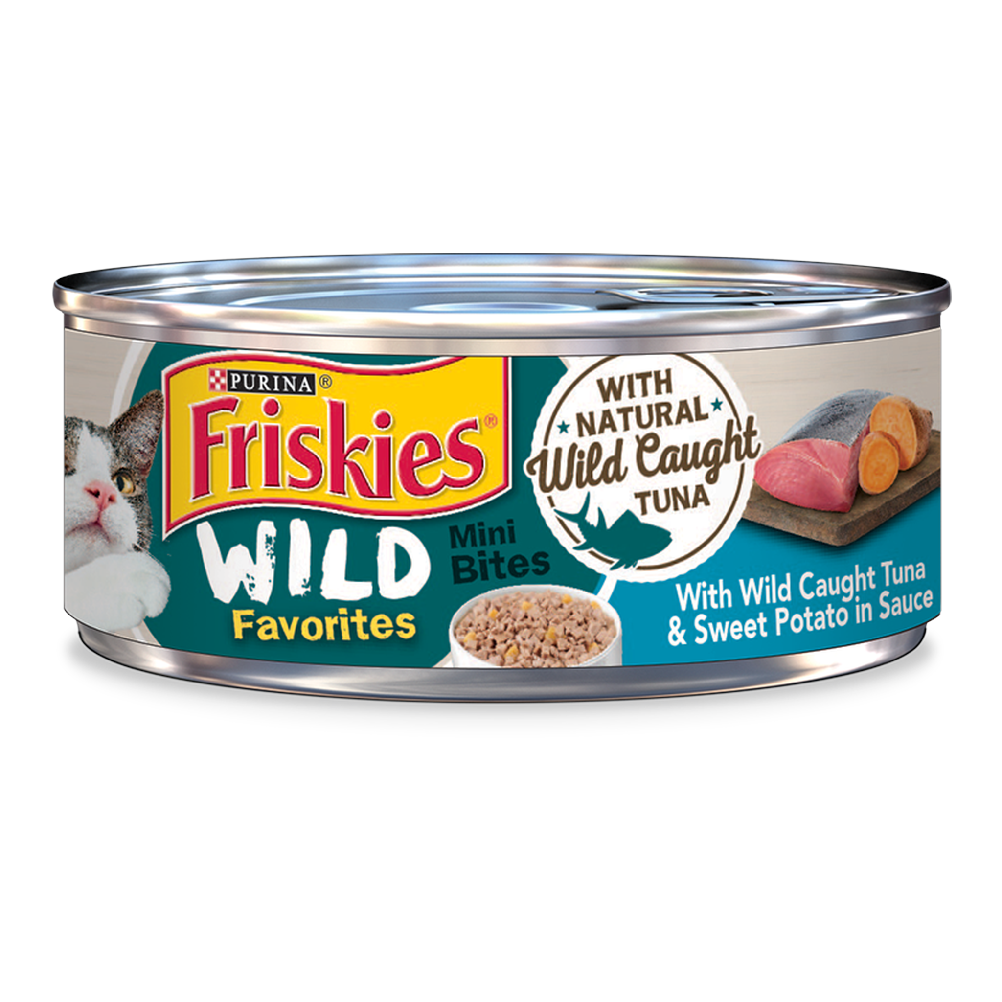 Purina Friskies Wild Favorites Mini Bites with wild caught tuna and sweet potato 5.5 oz can front