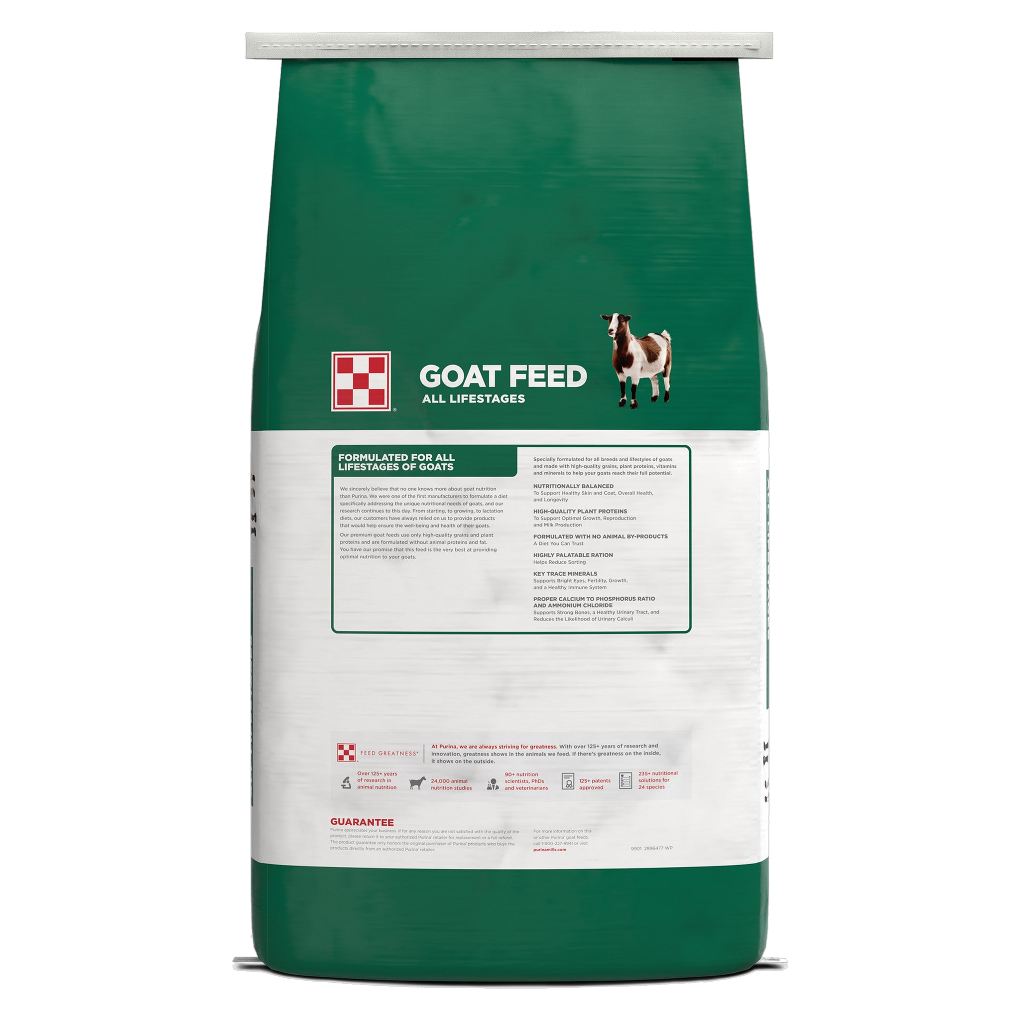Back of the Purina Goat Chow Plus Up bag with feeding directions and analysis