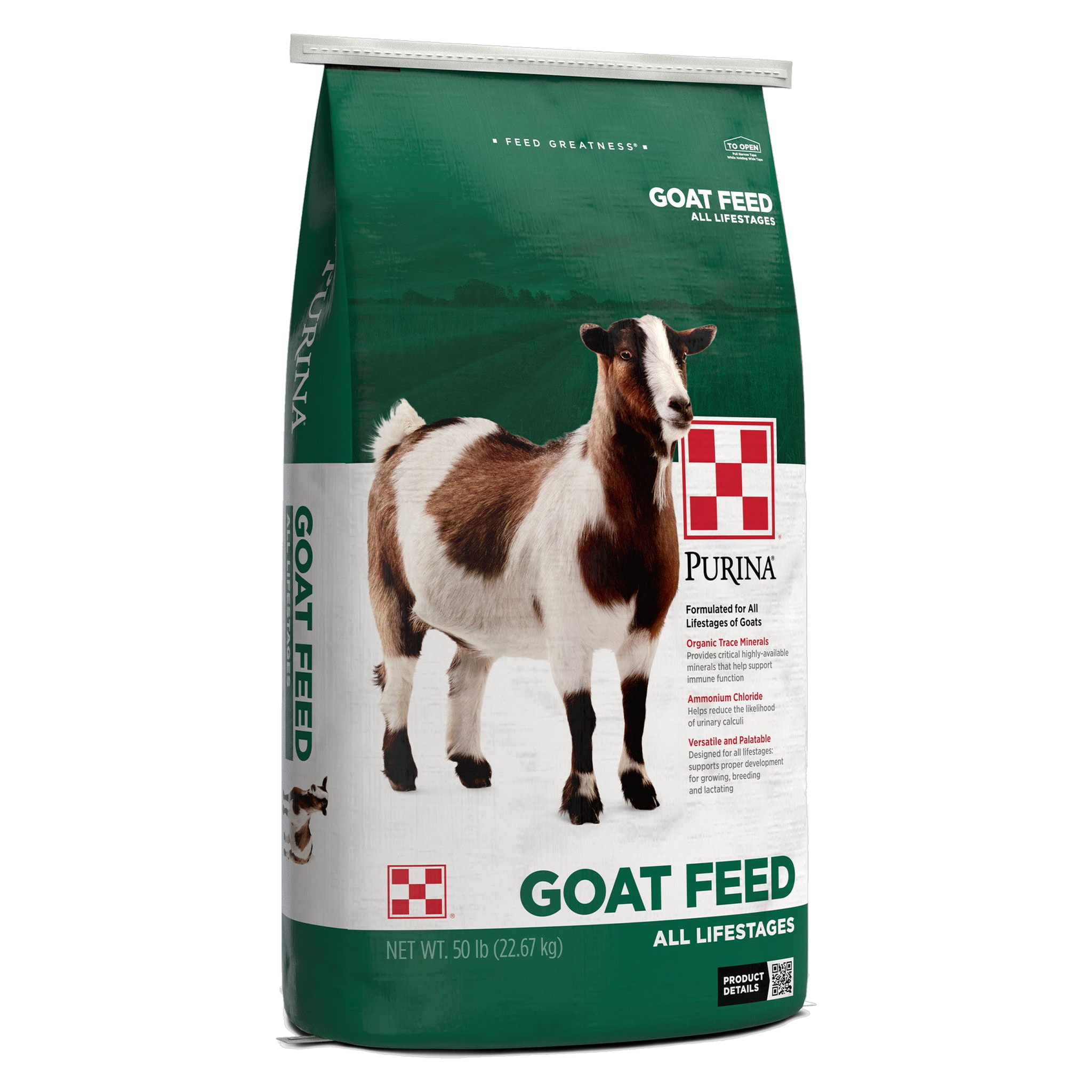 Purina Goat Chow Plus Up bag angled view left