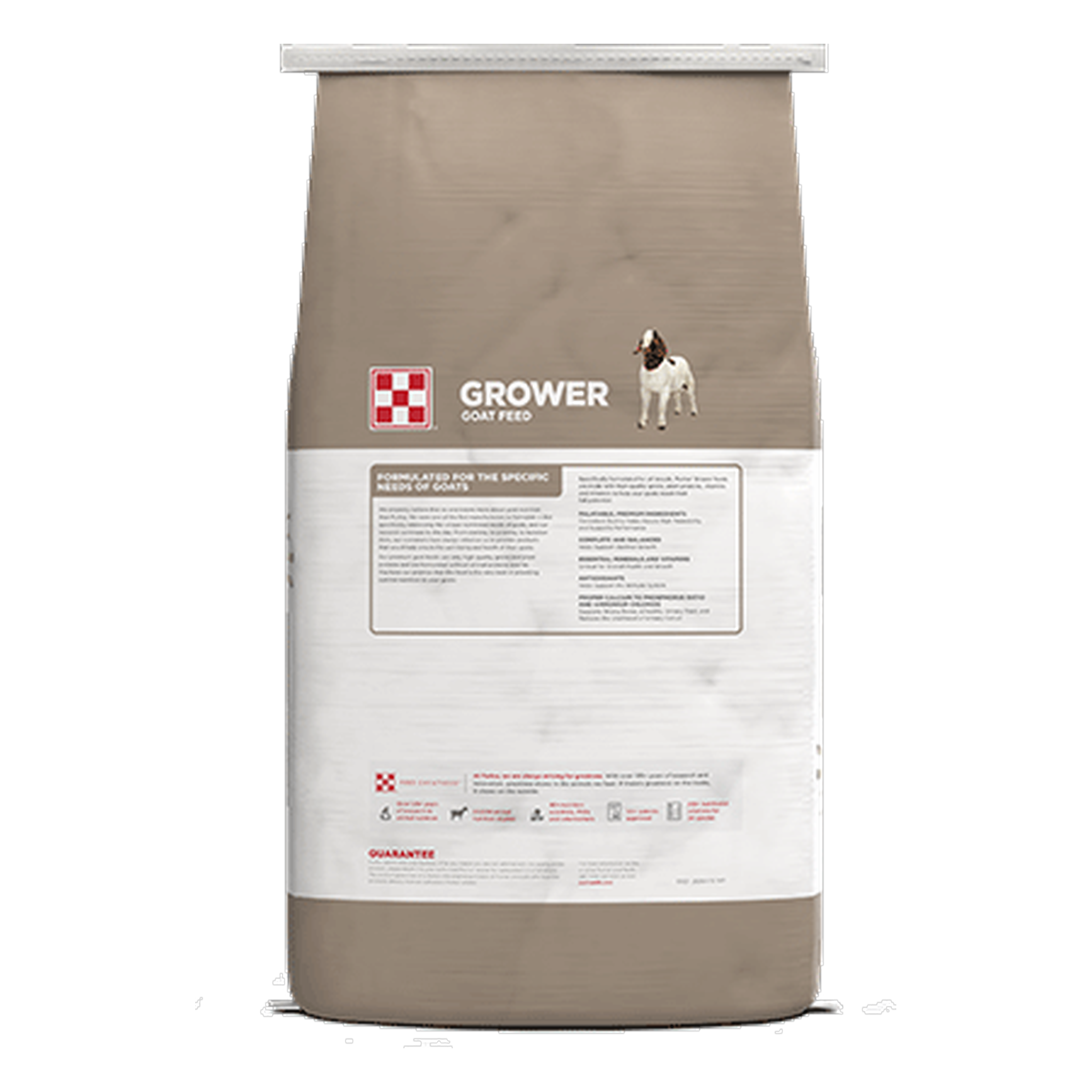 Back of the Purina Goat Grower 16 Plus Up DQ .0015 medicated goat feed 50 lb bag