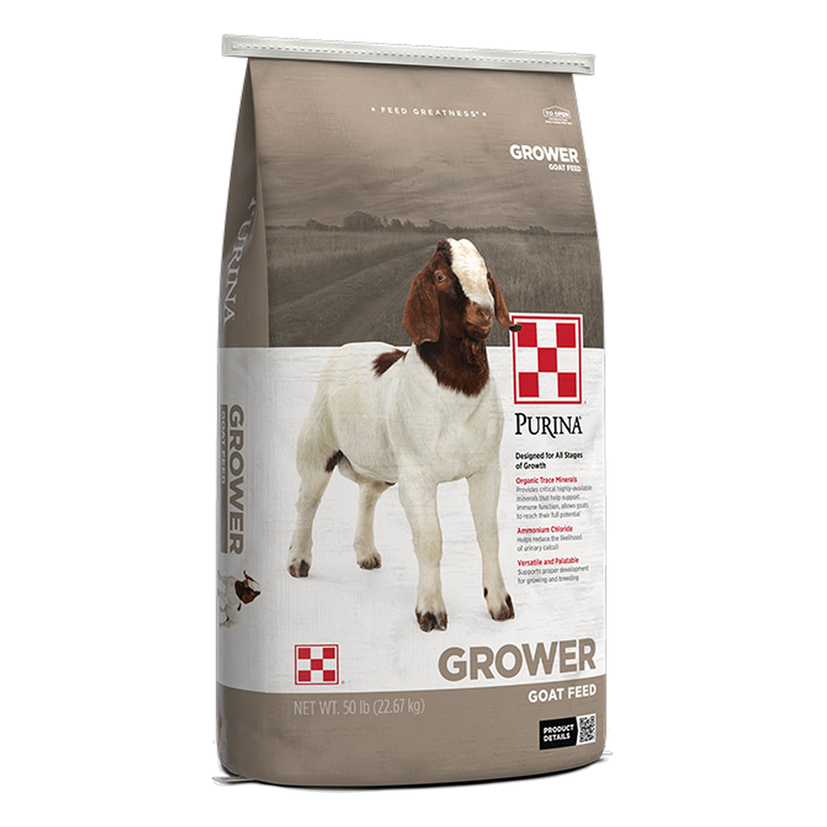 Purina Goat Grower 16 Plus Up DQ .0015 medicated goat feed 50 lb bag, front of package #50 LB