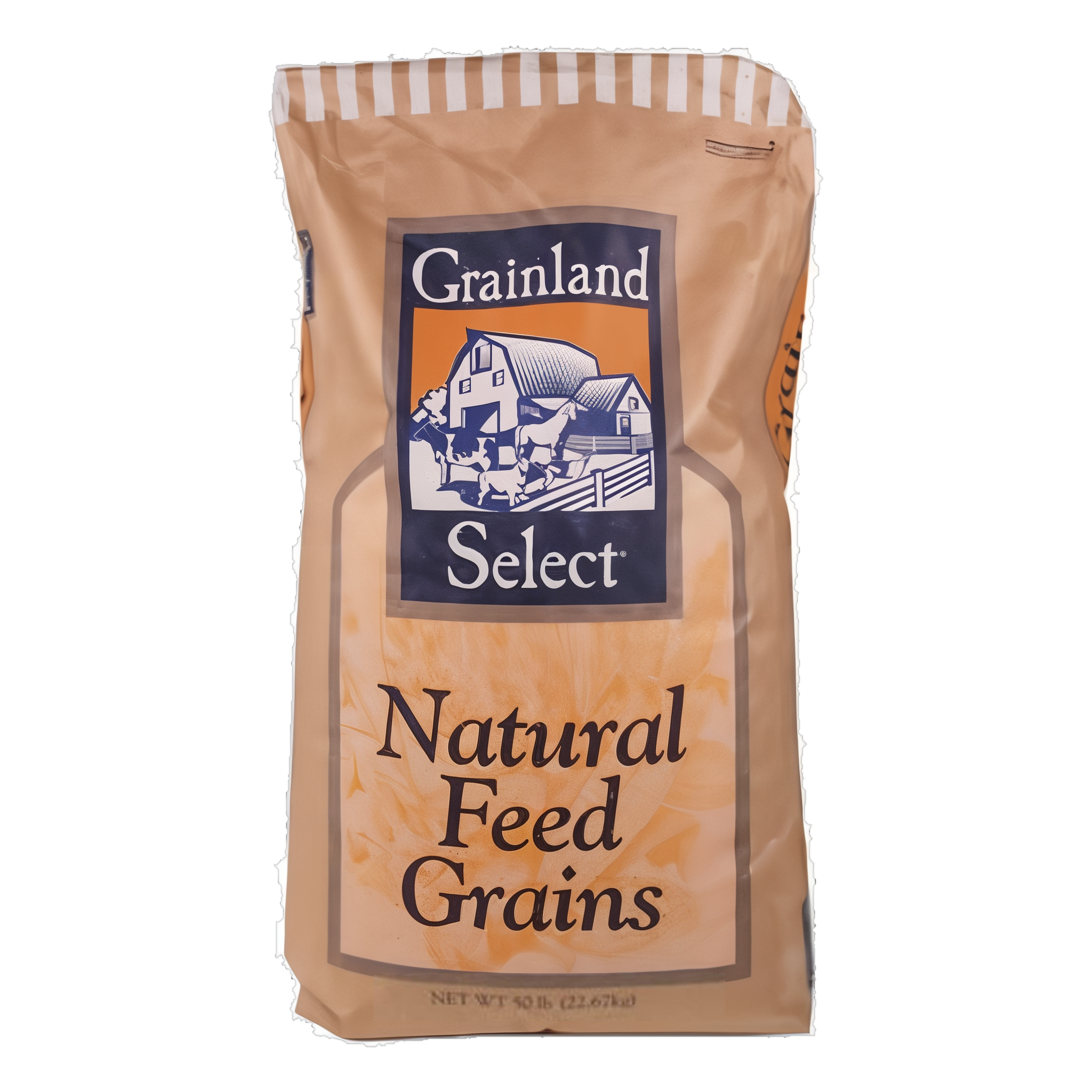 Purina Grainland Select Whole Corn kraft paper feed bag with the navy and orange Grainland Select barn logo and Natural Feed Grains lettering