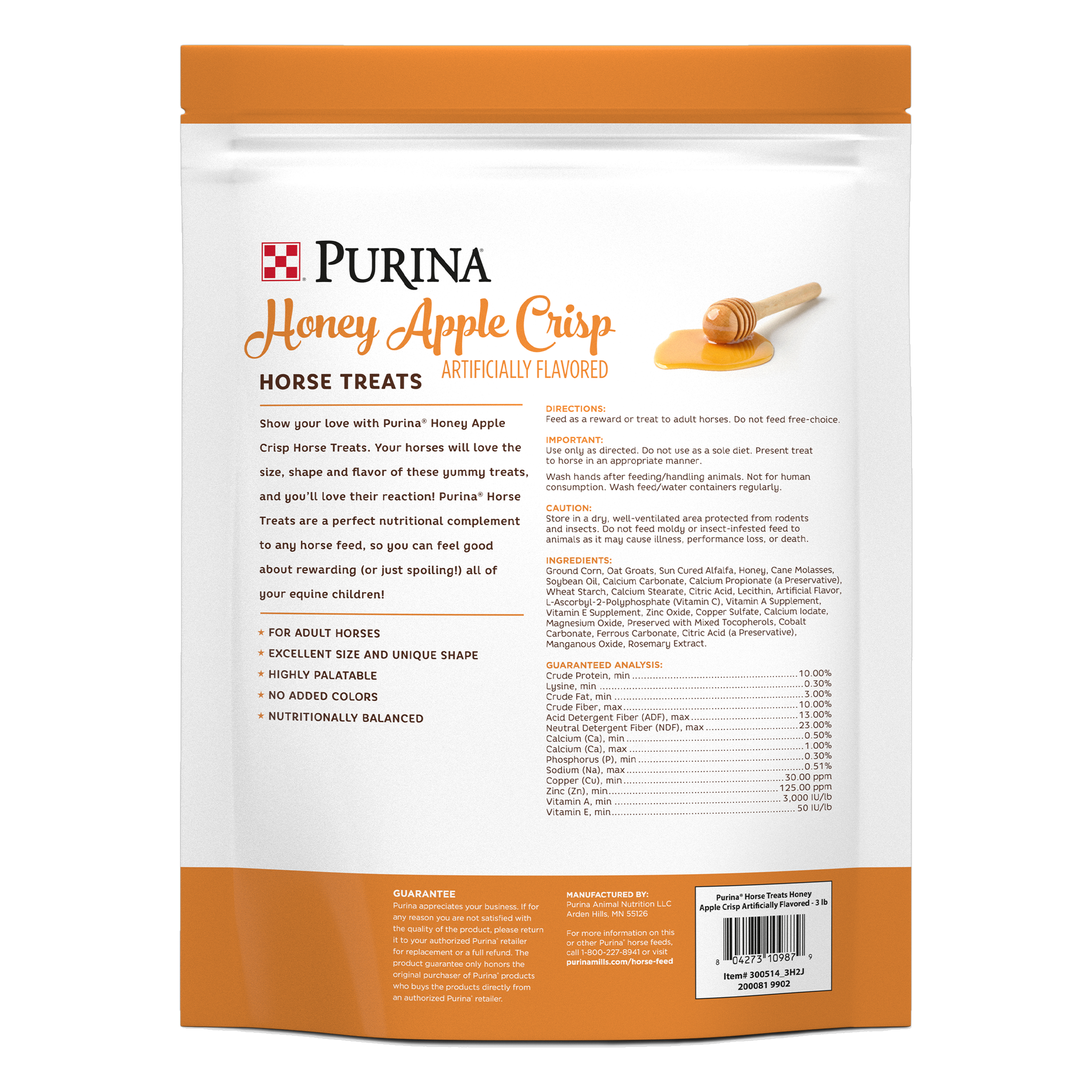 Back of the Purina Honey Apple Crisp Horse Treats 3 lb pouch with ingredients and guaranteed analysis