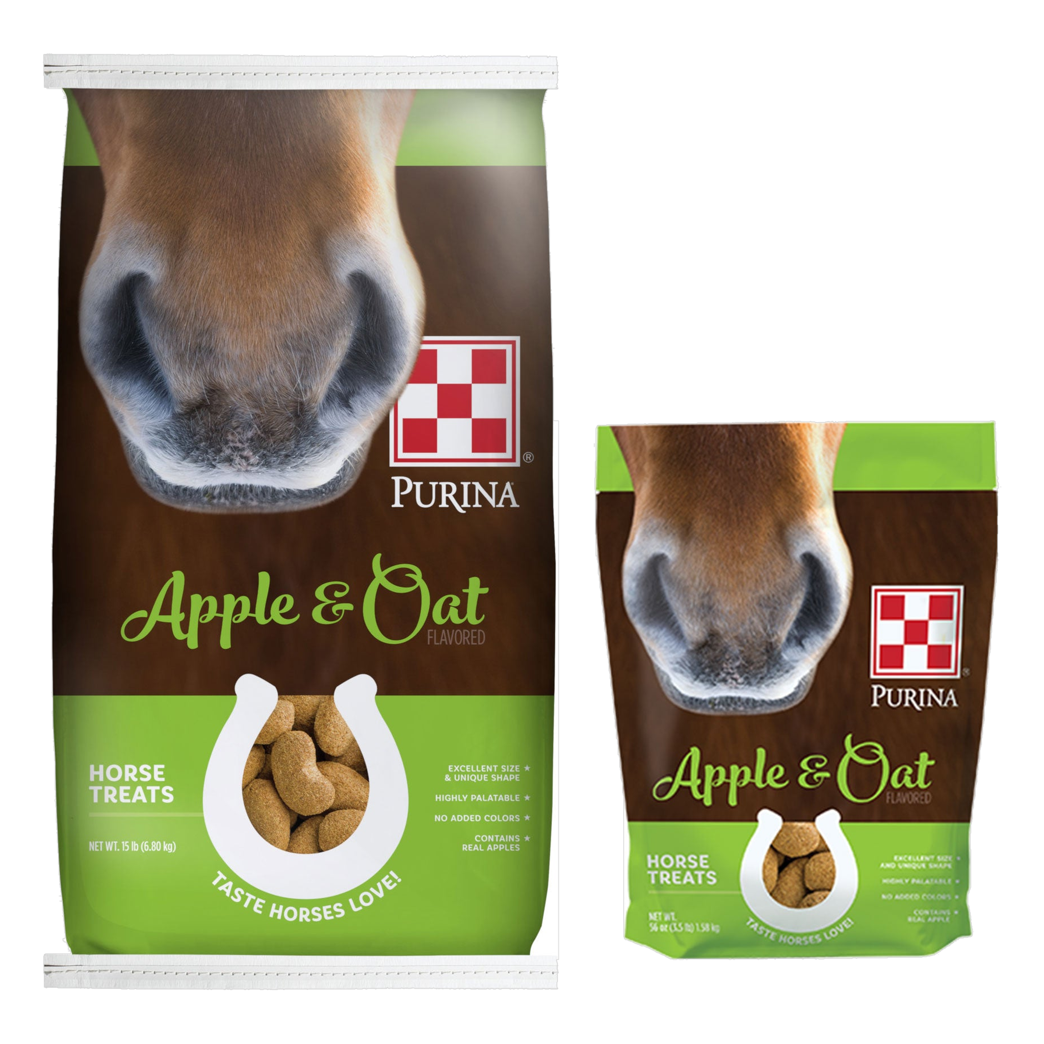 Purina Apple and Oat-Flavored Horse Treats 15 lb bag and 3.5 lb pouch shown side by side