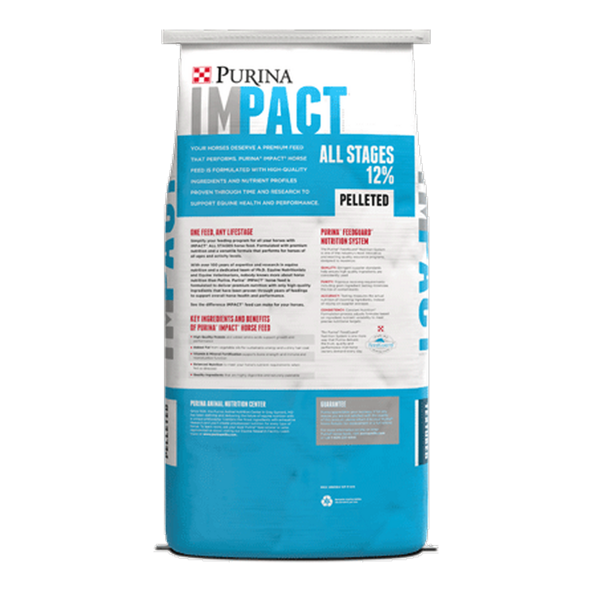 Back of the Purina Impact All Stages 12 percent horse feed bag with feeding directions