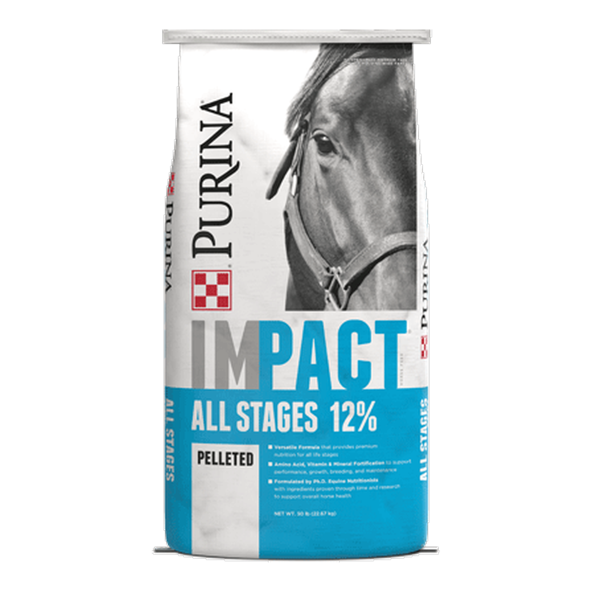 Front of the Purina Impact All Stages 12 percent pelleted horse feed bag