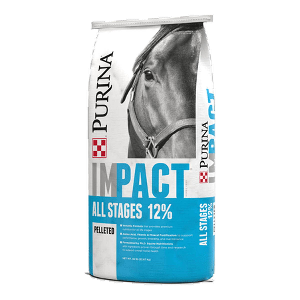 Side panel of the Purina Impact All Stages 12 percent horse feed bag