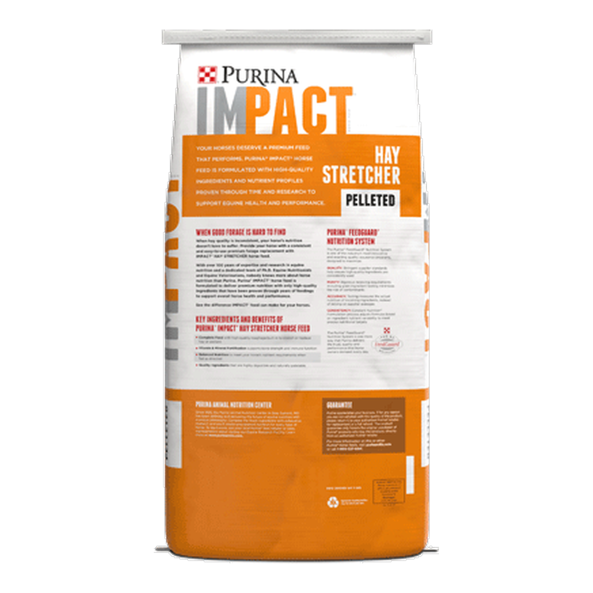 Back of the Purina Impact Hay Stretcher bag with feeding directions
