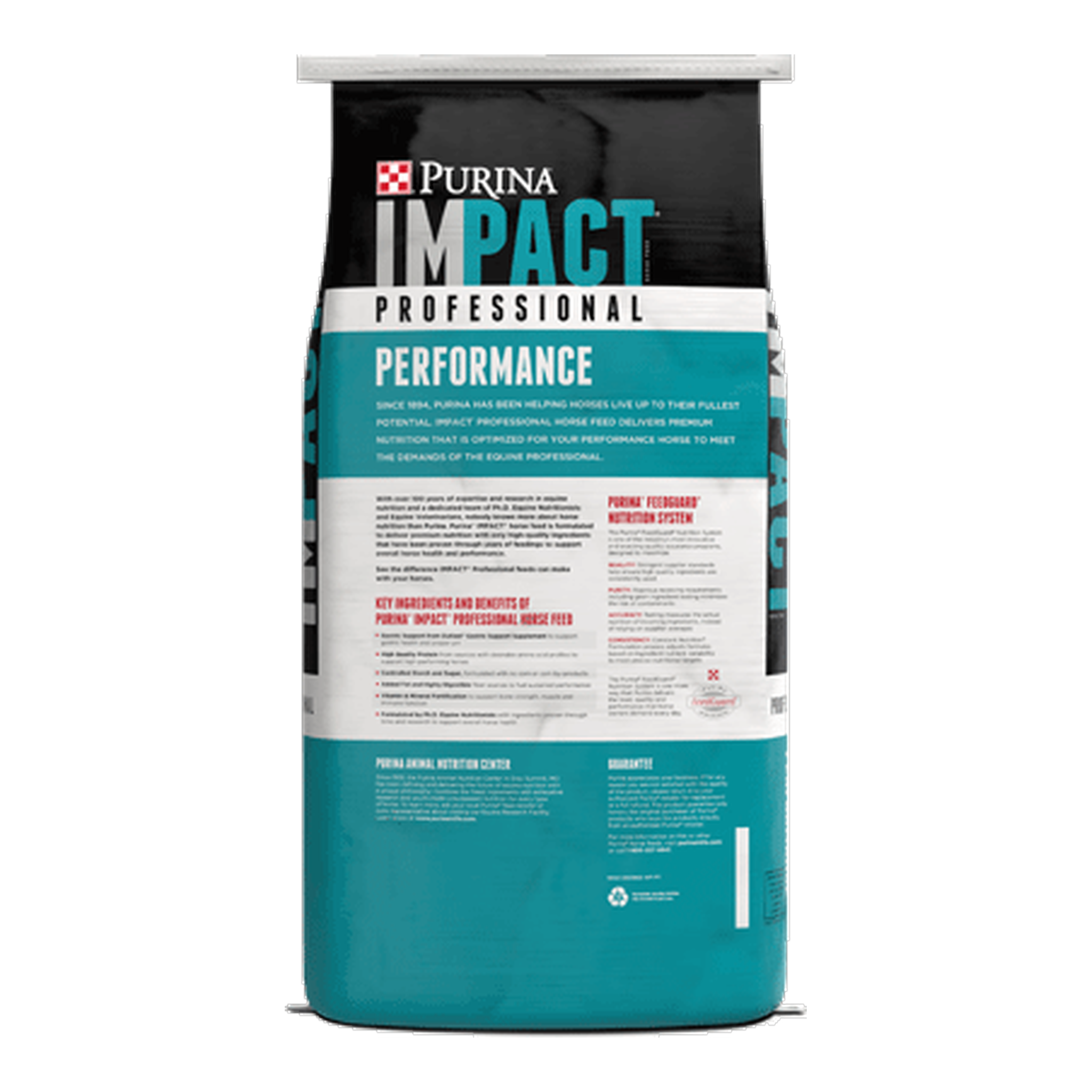 Back of the Purina Impact Professional Performance bag with feeding directions