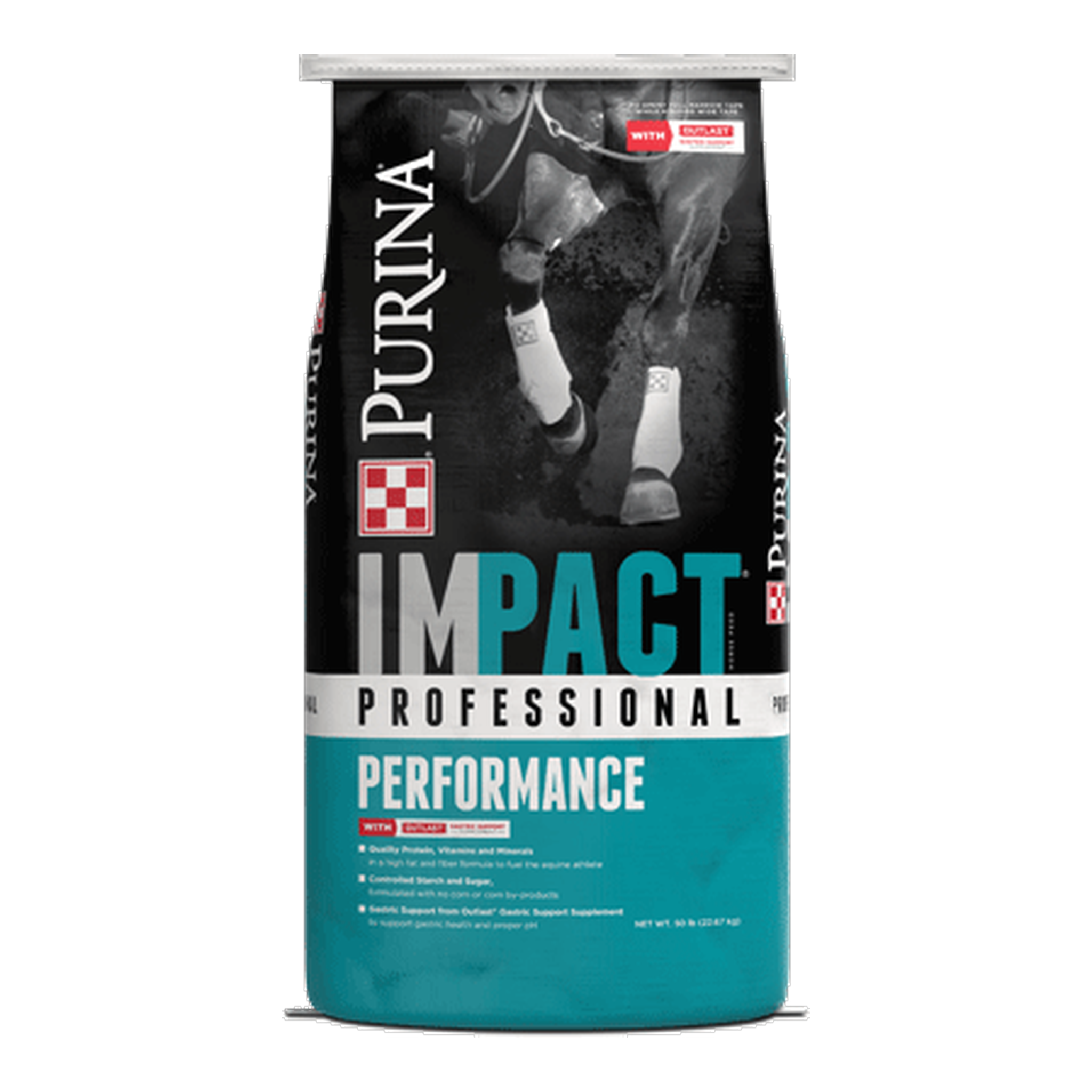 Front of the Purina Impact Professional Performance horse feed bag