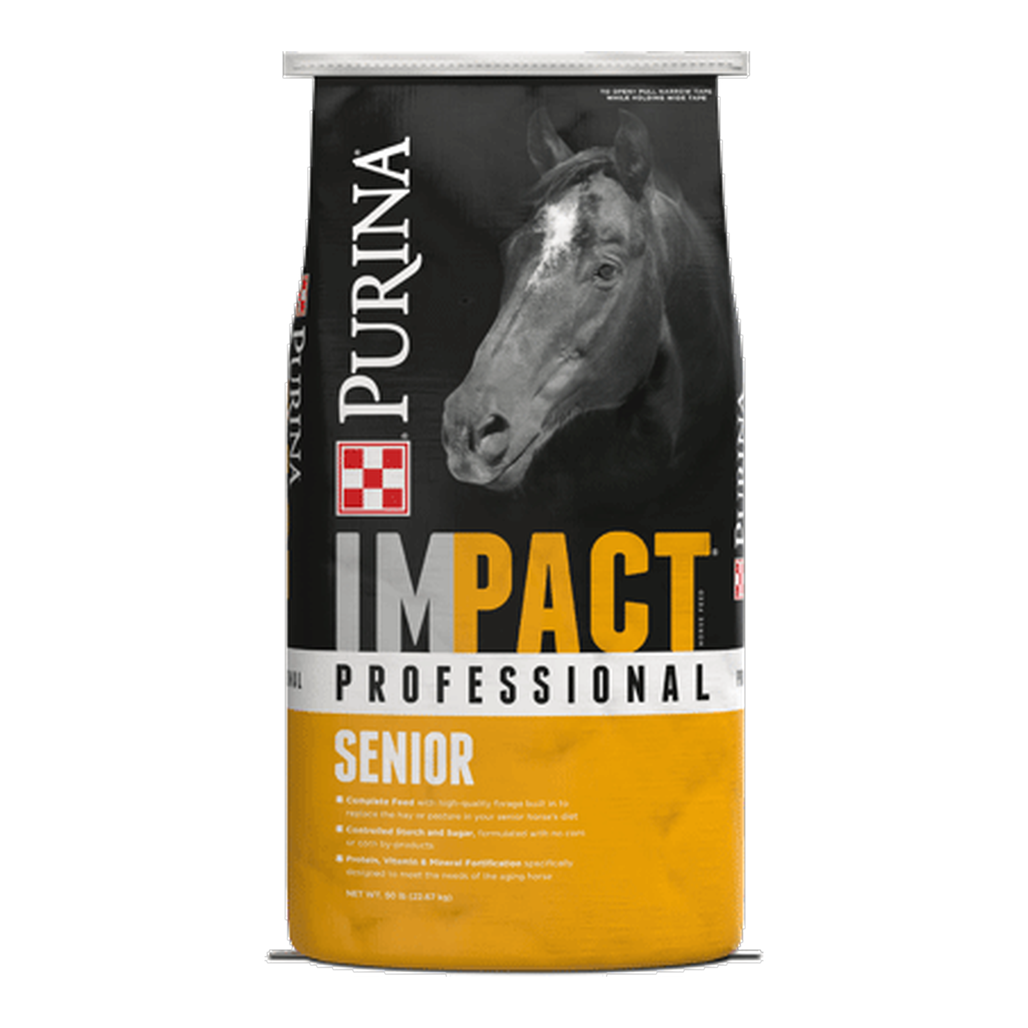Front of the Purina Impact Professional Senior horse feed bag