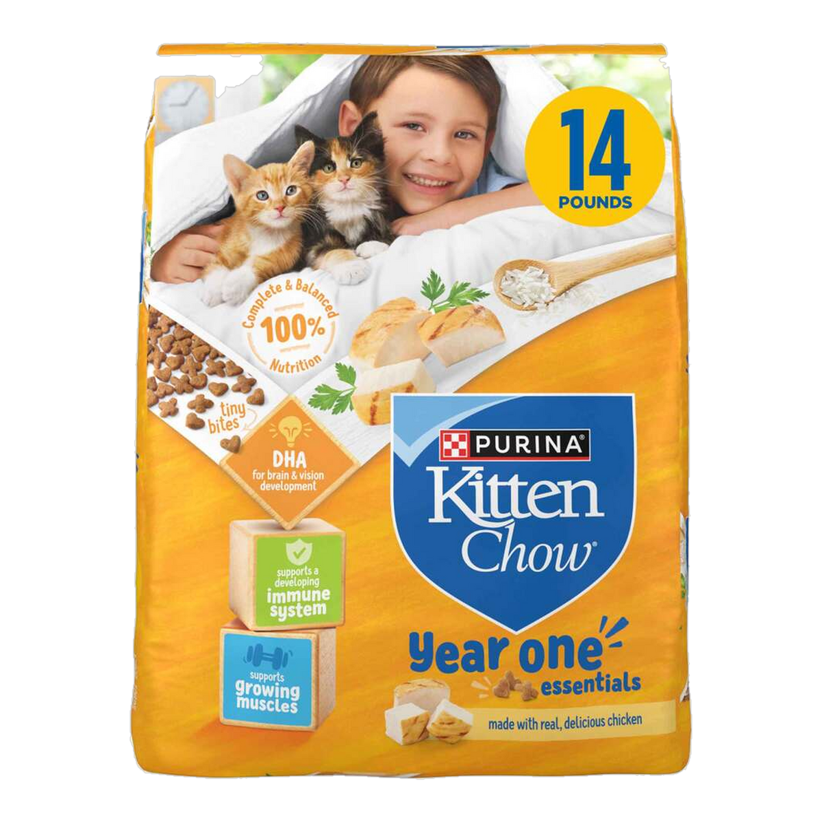 Purina Kitten Chow Year One Essentials with real chicken dry kitten food 14 lb bag, front of pack #14 LB