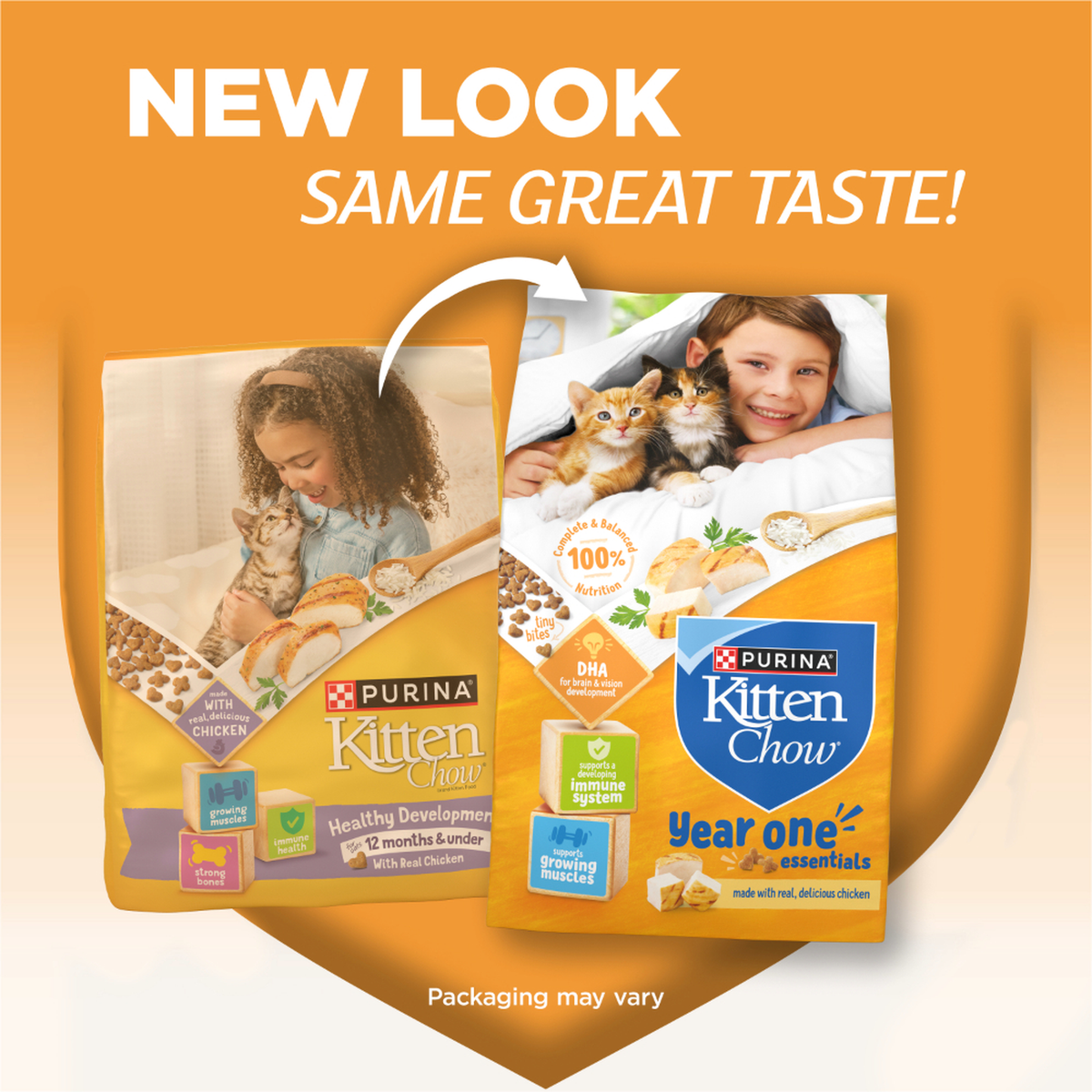 New look, same great taste - previous and current Purina Kitten Chow bag designs