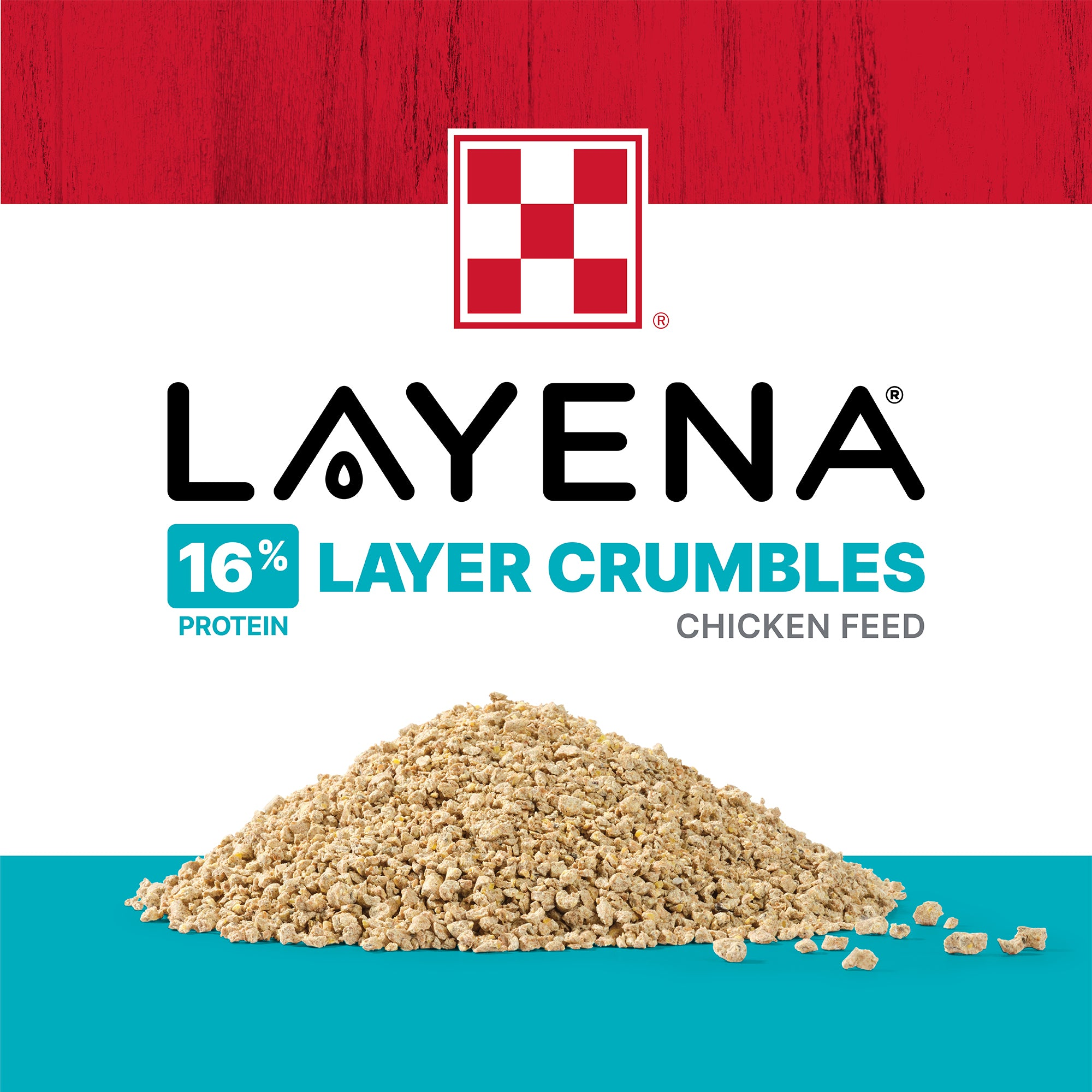 Close-up pile of Purina Layena 16 percent layer crumbles chicken feed