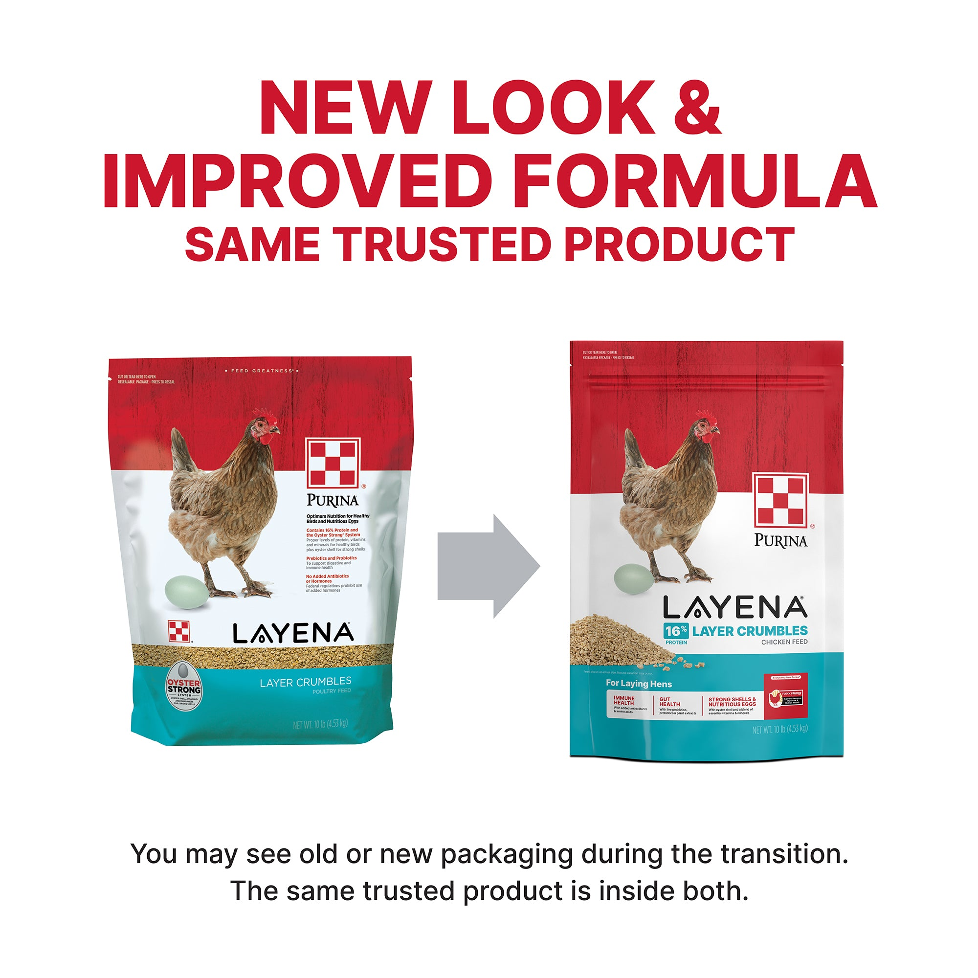 Purina Layena Crumbles packaging update graphic comparing the previous and current bag designs