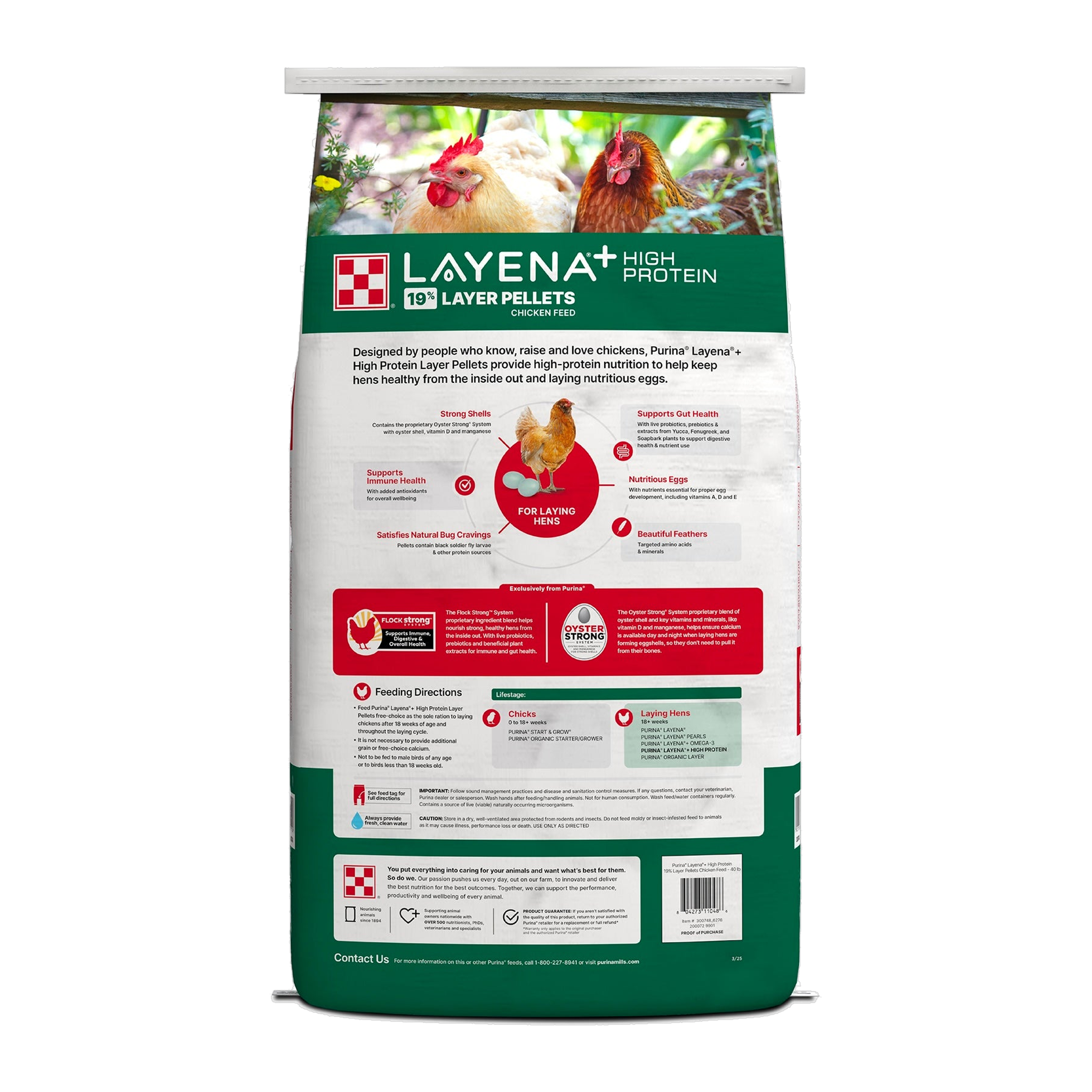 Purina Layena Plus High Protein Layer Feed 40 lb bag back panel with feeding directions #40 LB