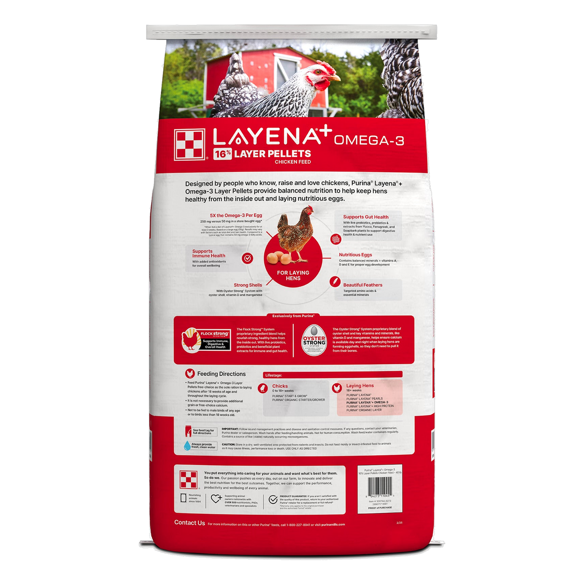 Purina Layena+ Omega-3 Chicken Feed Pellets 40 lb bag back panel with feeding directions #40 LB