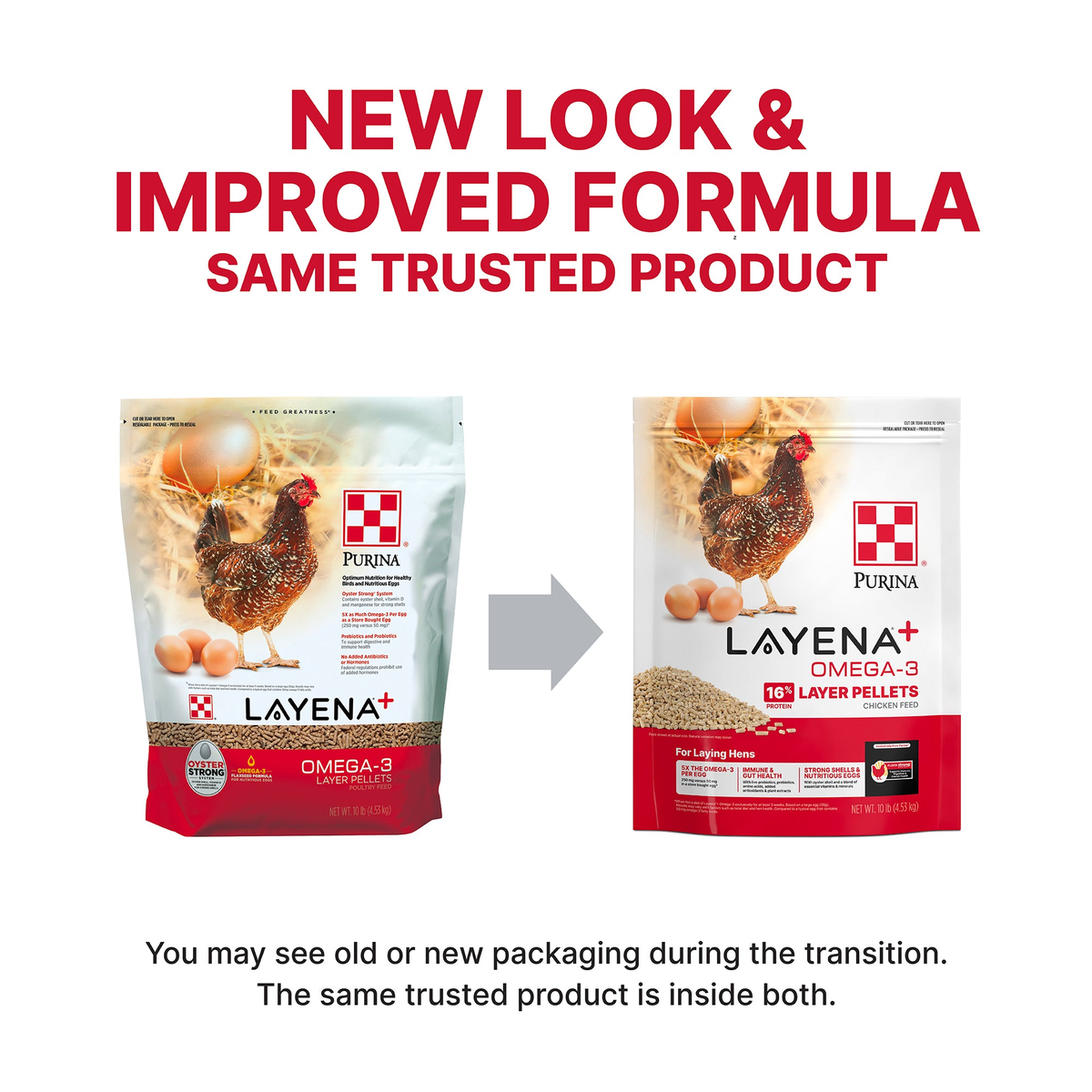 Layena+ Omega-3 packaging update showing the previous bag design next to the new bag design