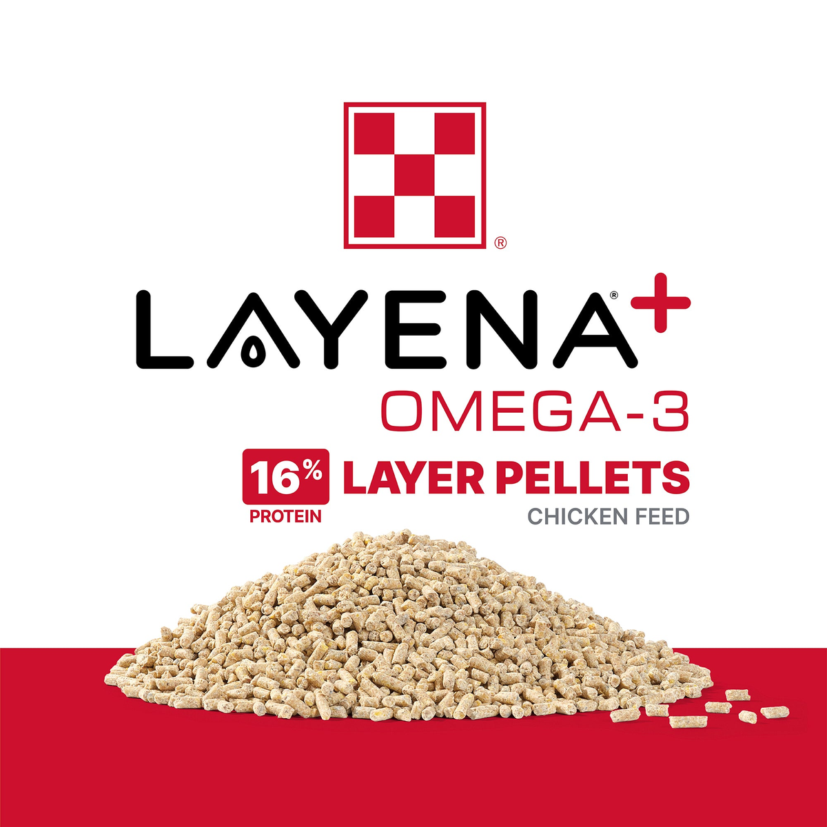 Purina Layena+ Omega-3 16 percent layer pellets shown loose beside the product logo