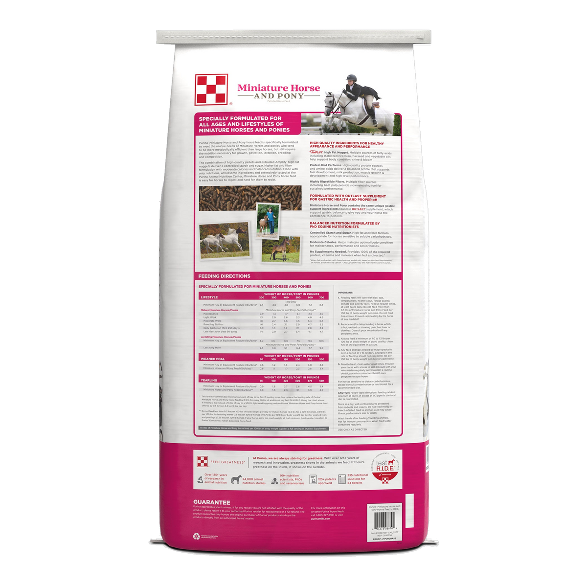 Back of the Purina Miniature Horse and Pony feed bag with feeding charts and analysis