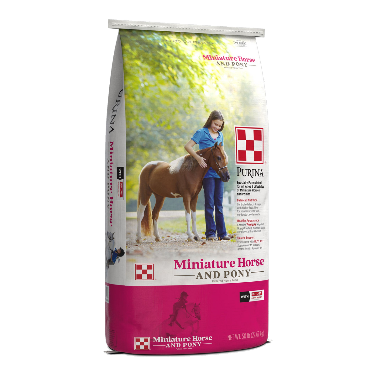 Purina Miniature Horse and Pony feed 50 lb bag, left three-quarter view
