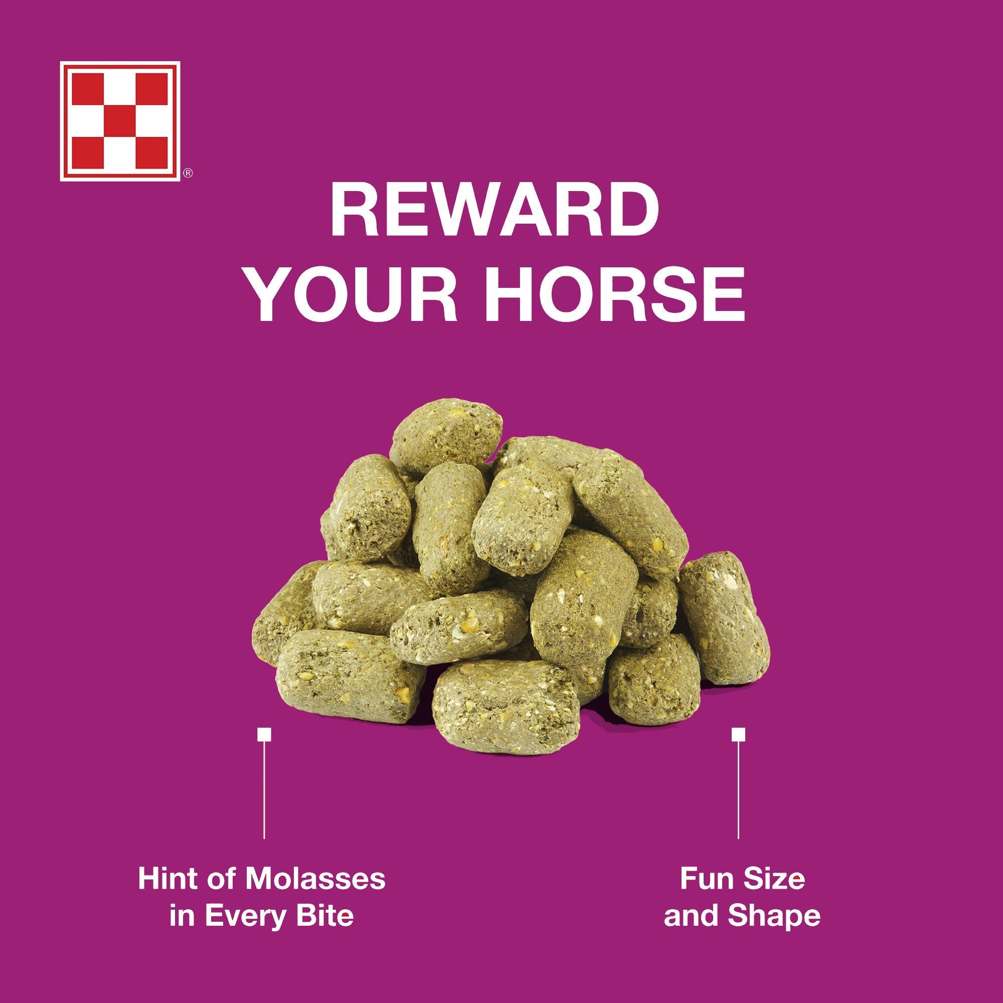 Purina Nicker Makers horse treat nuggets with callouts for a hint of molasses in every bite and fun size and shape
