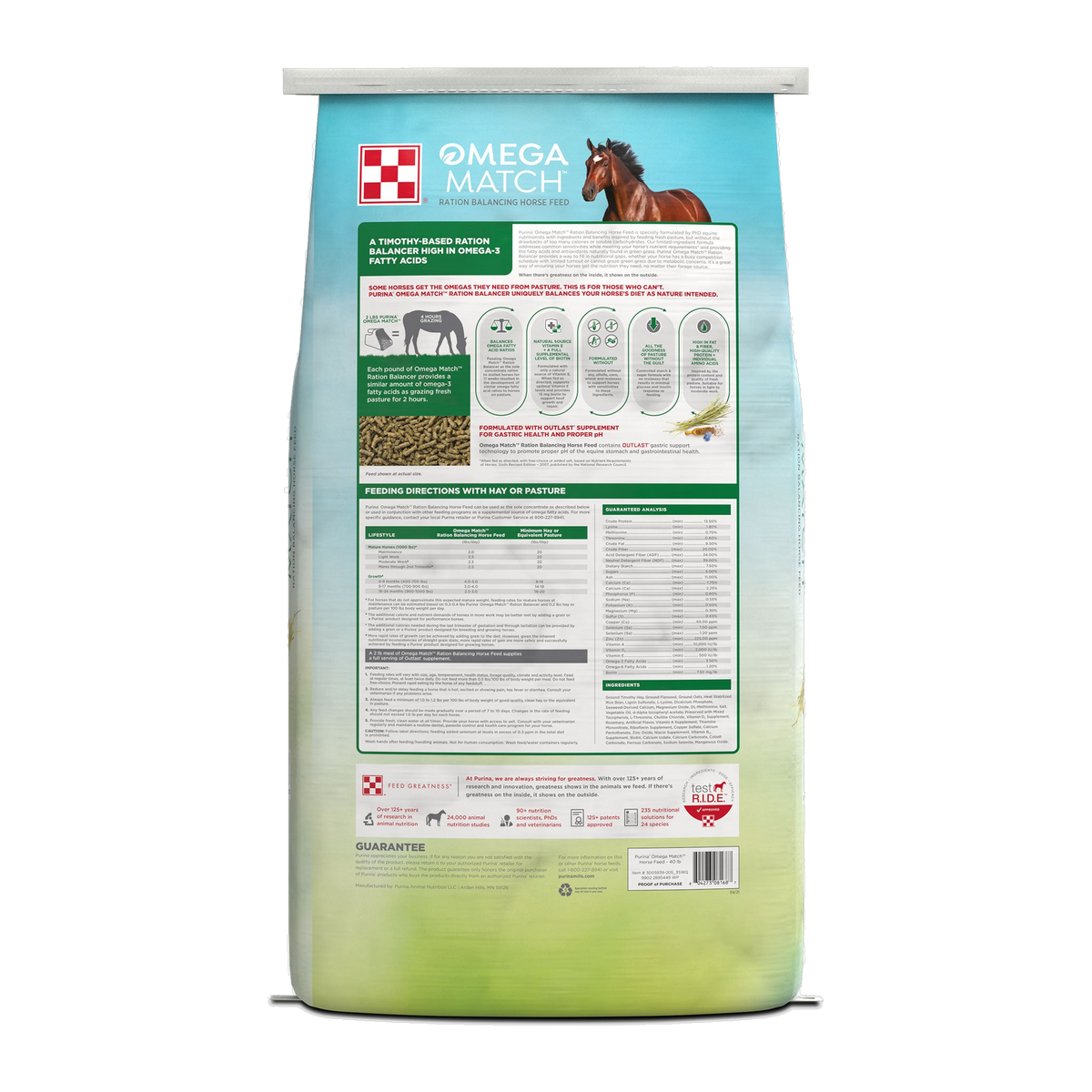 Back of the Purina Omega Match Ration Balancer bag with feeding directions and guaranteed analysis