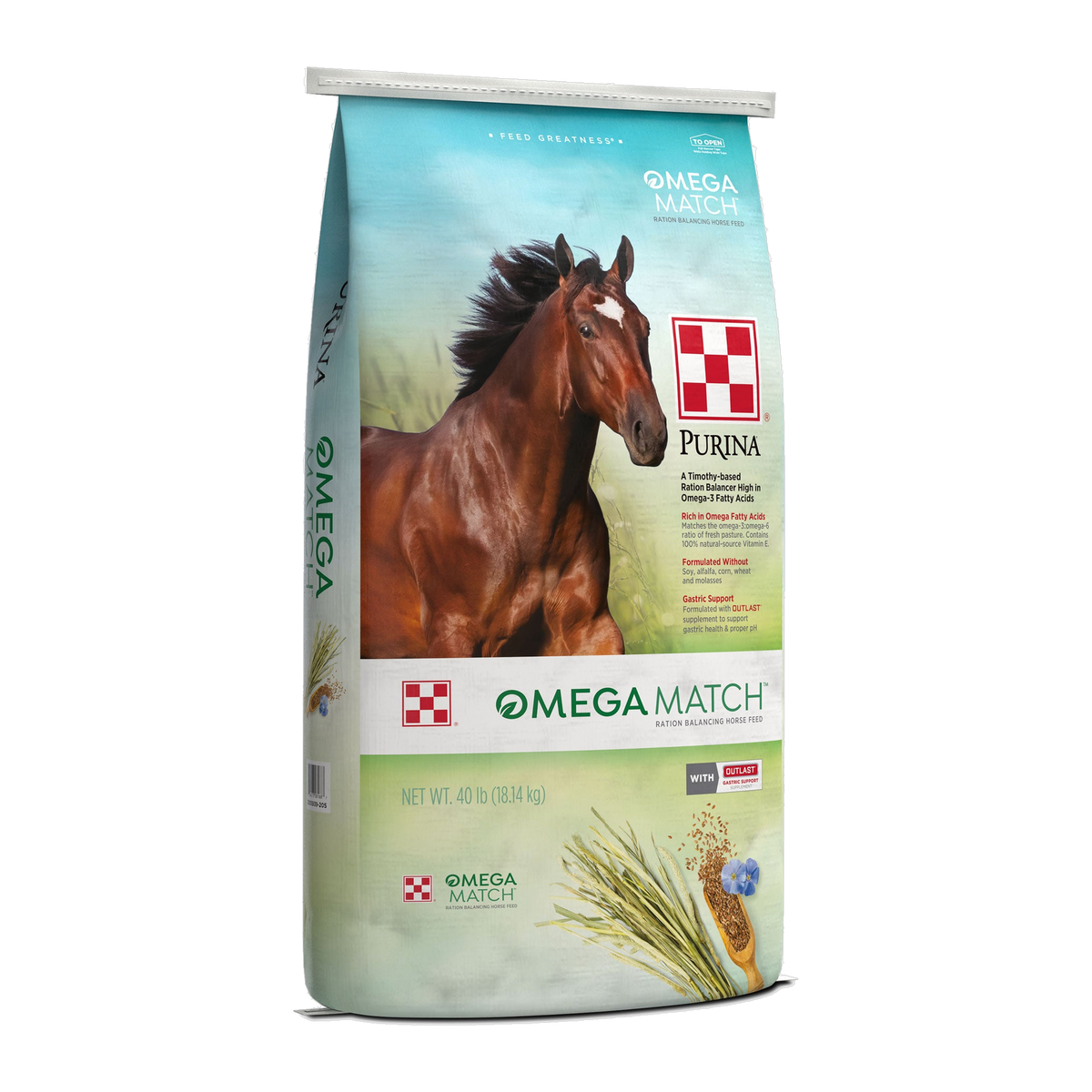 Purina Omega Match Ration Balancing Horse Feed 40 lb bag, front of package #40 LB