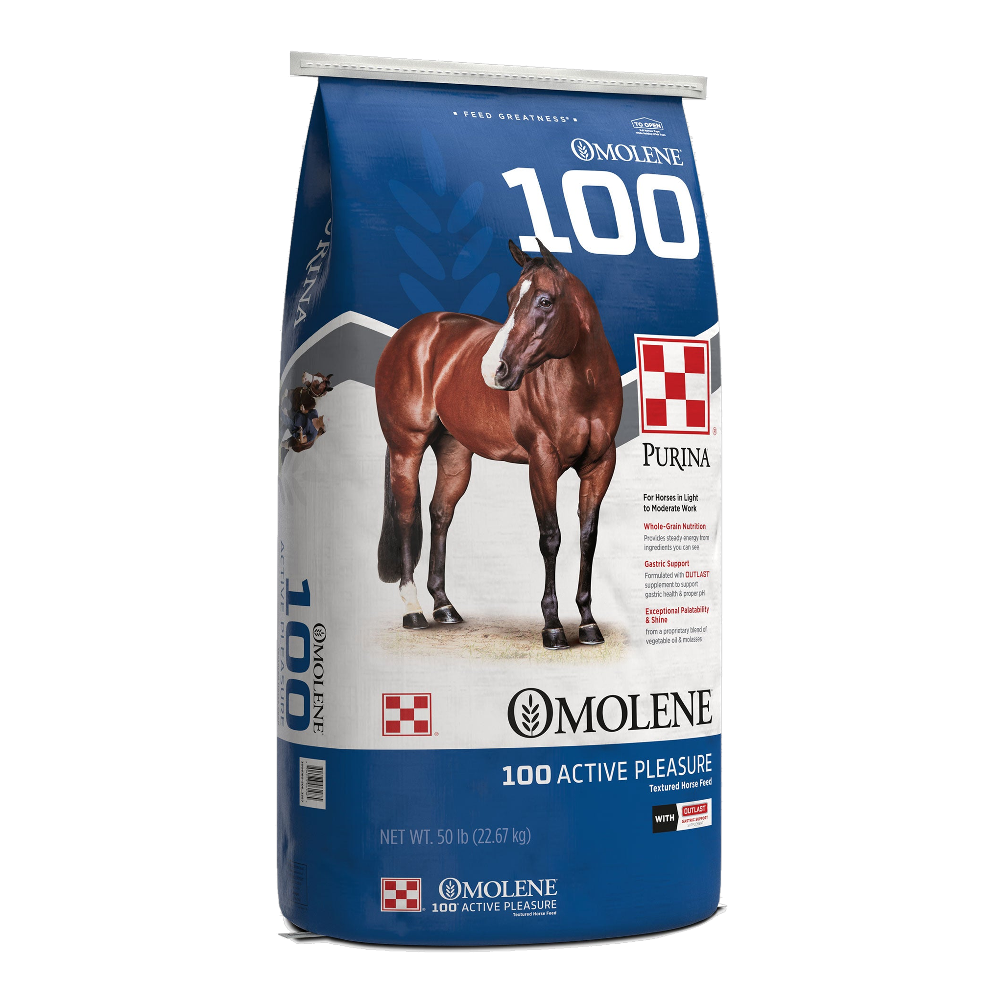 Purina Omolene 100 Active Pleasure horse feed 50 lb bag, left three-quarter view