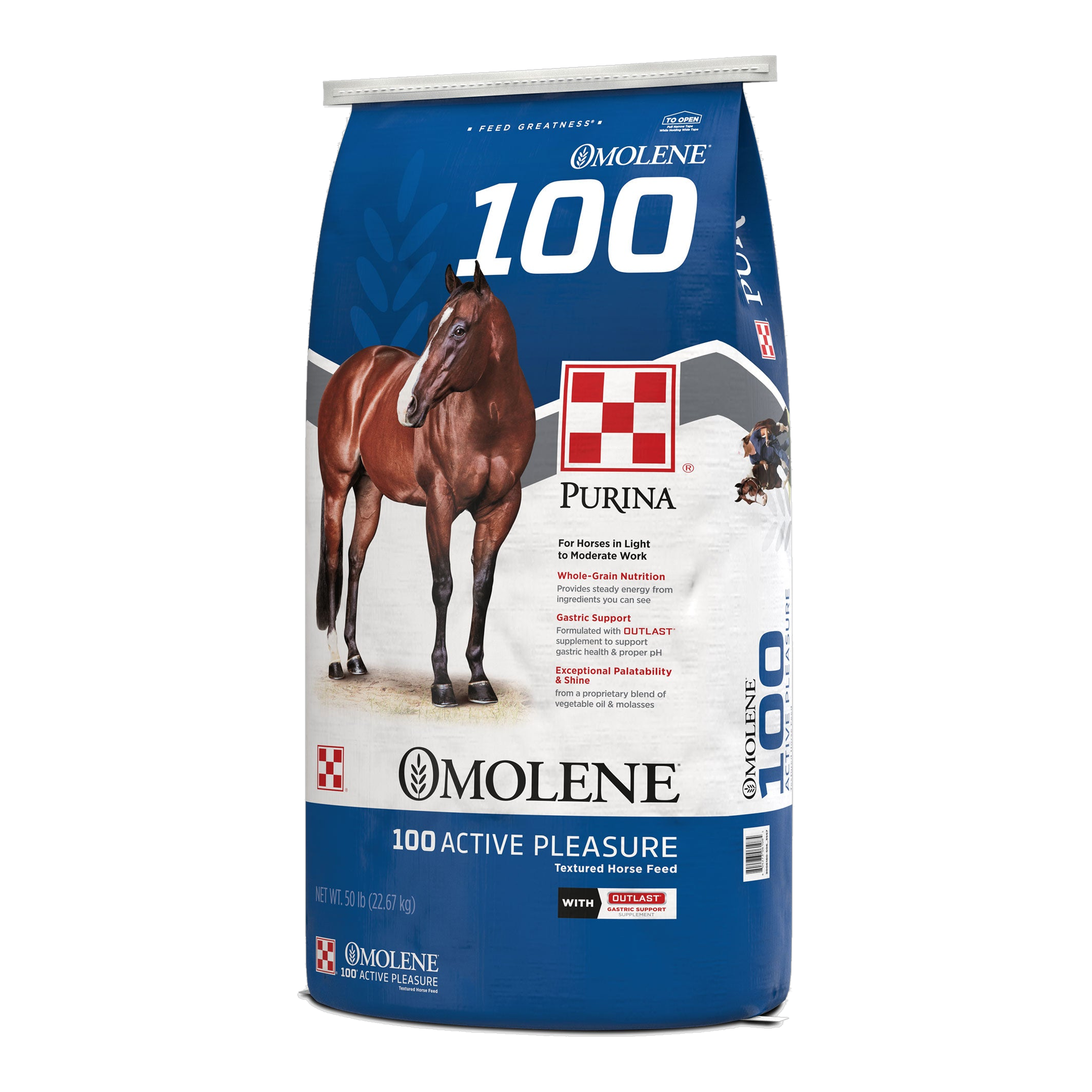 Purina Omolene 100 Active Pleasure horse feed 50 lb bag, right three-quarter view